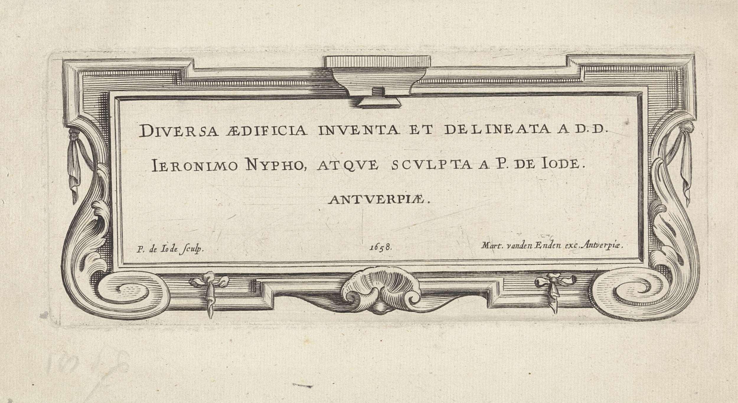 Engraving by Pieter de Jode depicting intricate architecture, 1658