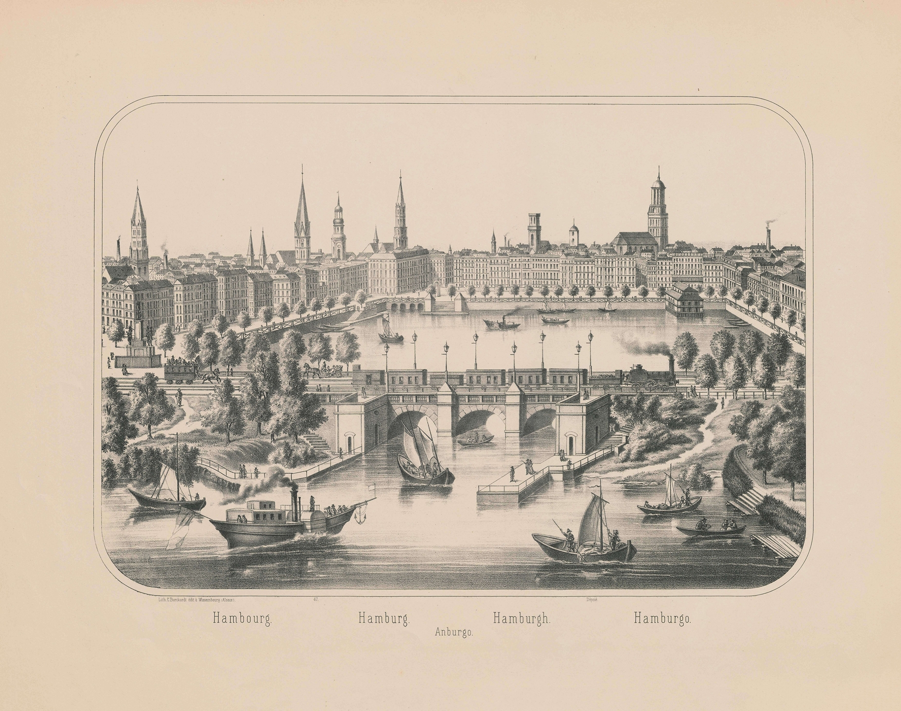 Landscape of Hamburg by Carl Burckhardt, oil on canvas, featuring muted hues and sharp architectural lines.