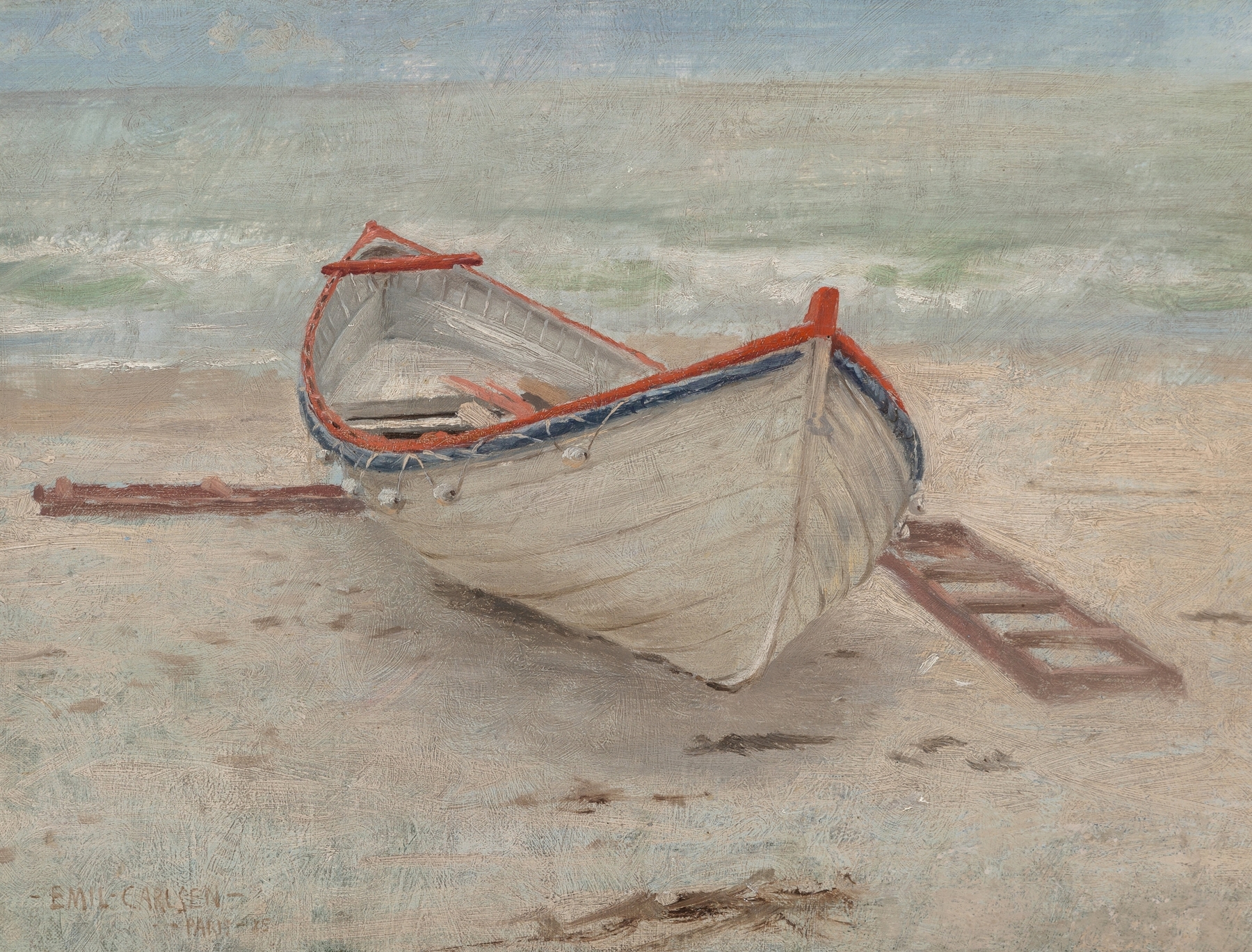 Fishing Boat on Shore by Emil Carlsen, realism, depicting a weathered boat on the shore under sunlight