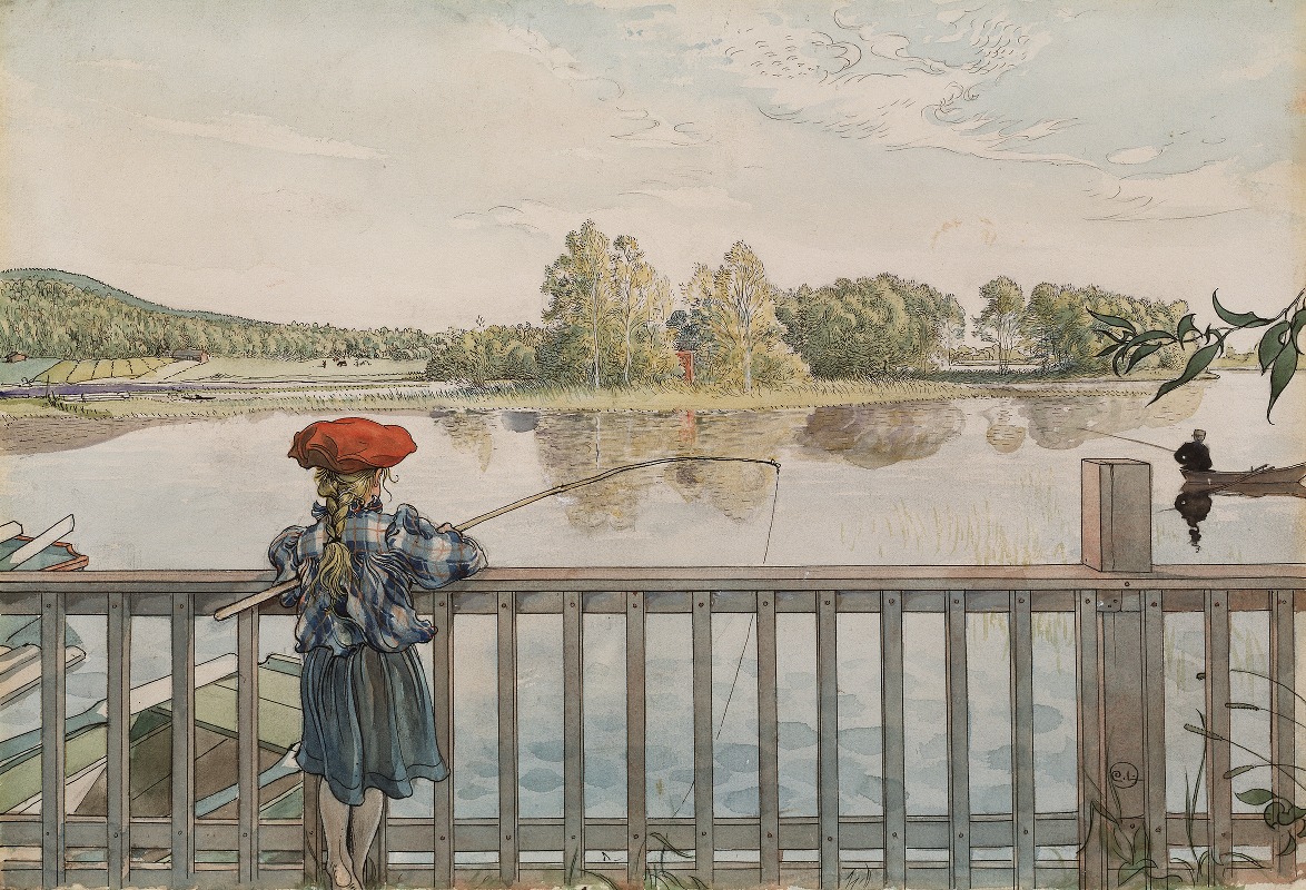 A portrait of a young girl fishing by Carl Larsson.