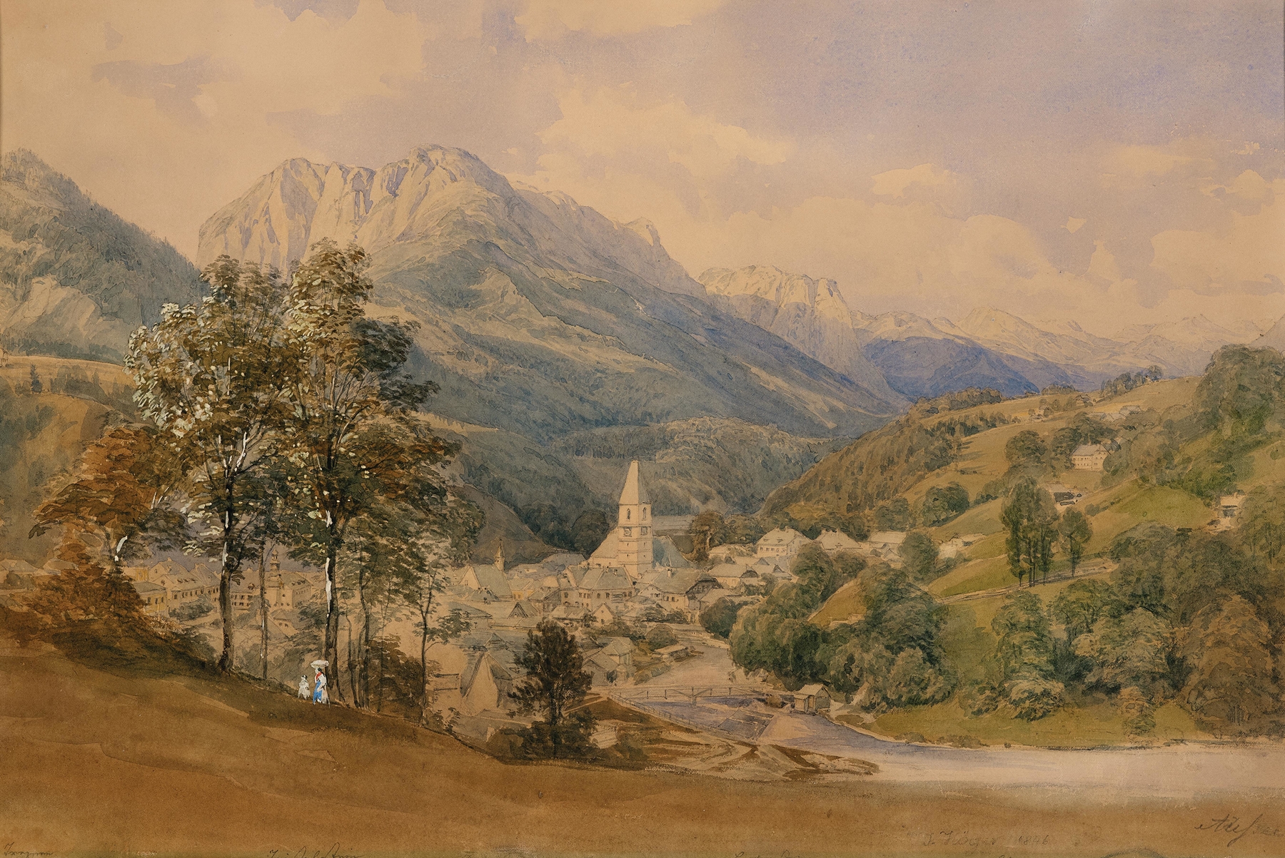A view of Bad Aussee by Josef Höger, depicting a serene landscape with a stream and mountains.