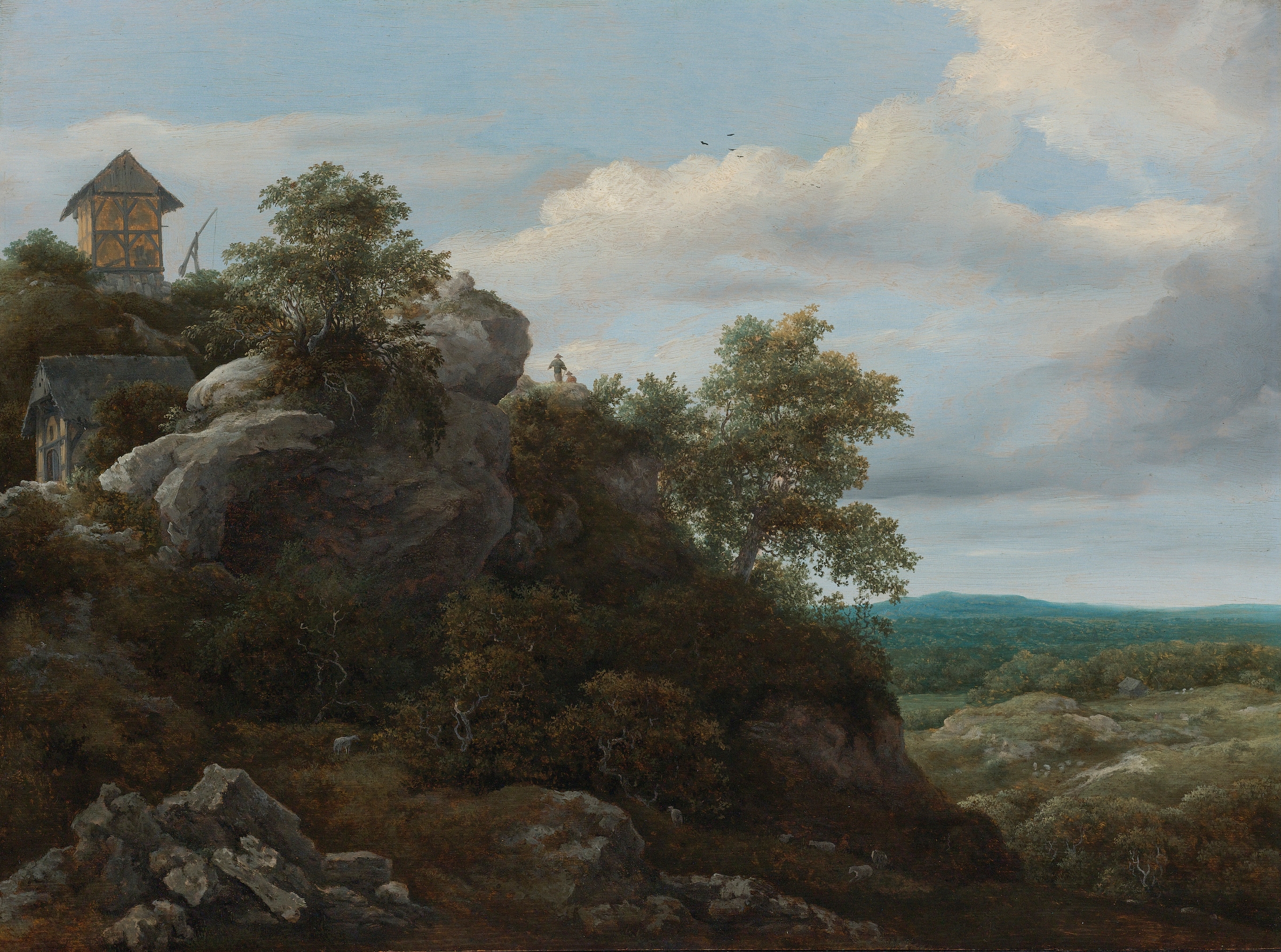 Landscape with houses on a rocky hill, oil on canvas by Jacob van Ruisdael