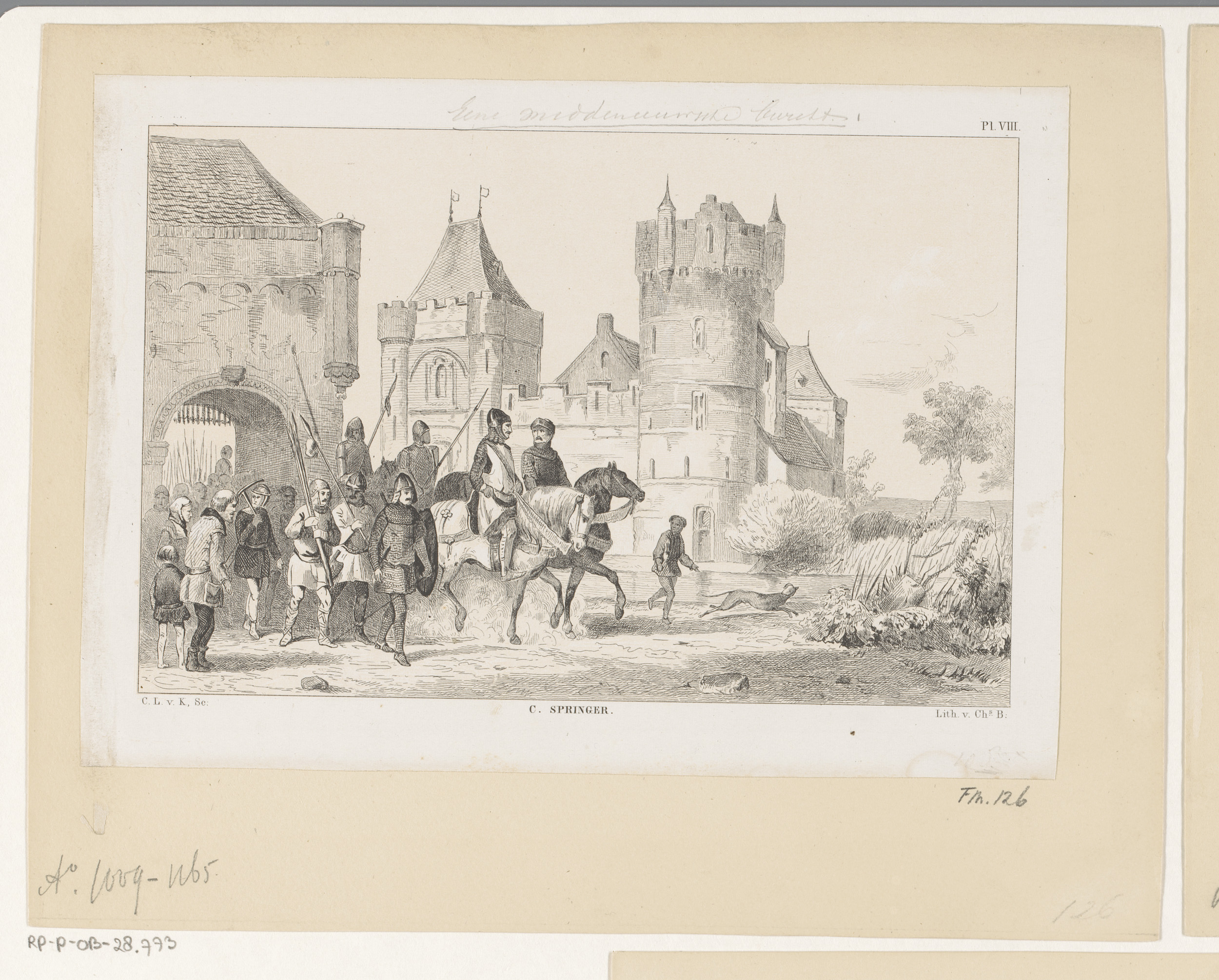 Lithograph by Christiaan Lodewijk van Kesteren depicting a medieval castle under a muted sky.