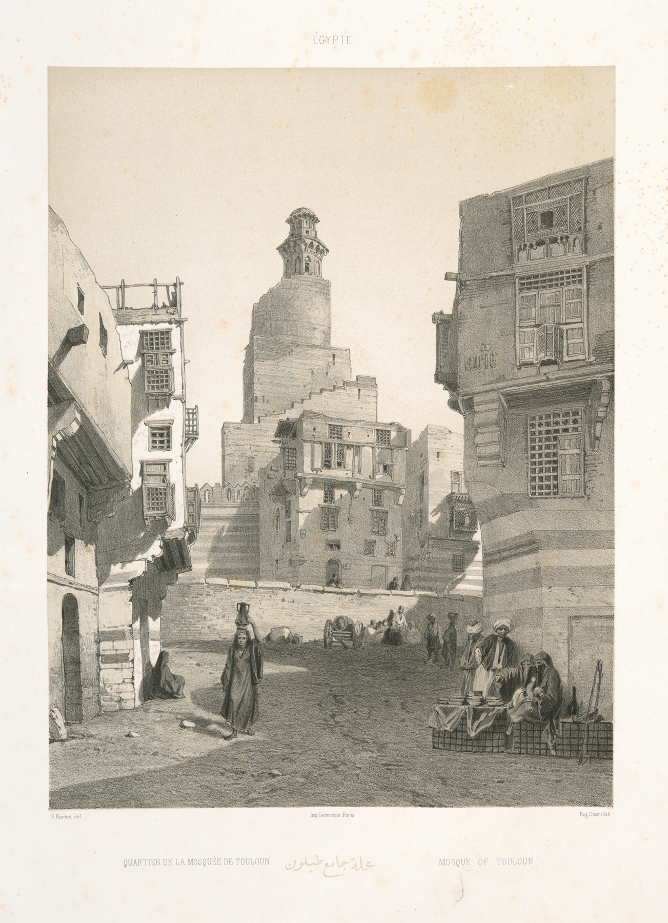 Quatier de la Mosquée de Touloun by Prosper Barbot, oil on canvas, depicting a mosque with minarets and warm sunlight.