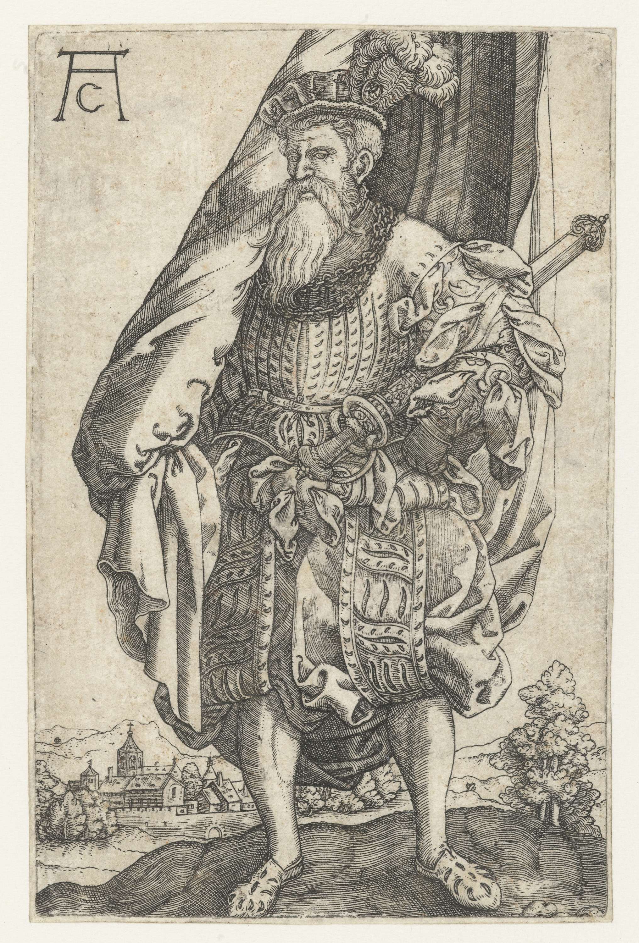 Engraving by Monogrammist AC depicting a figure holding a standard.