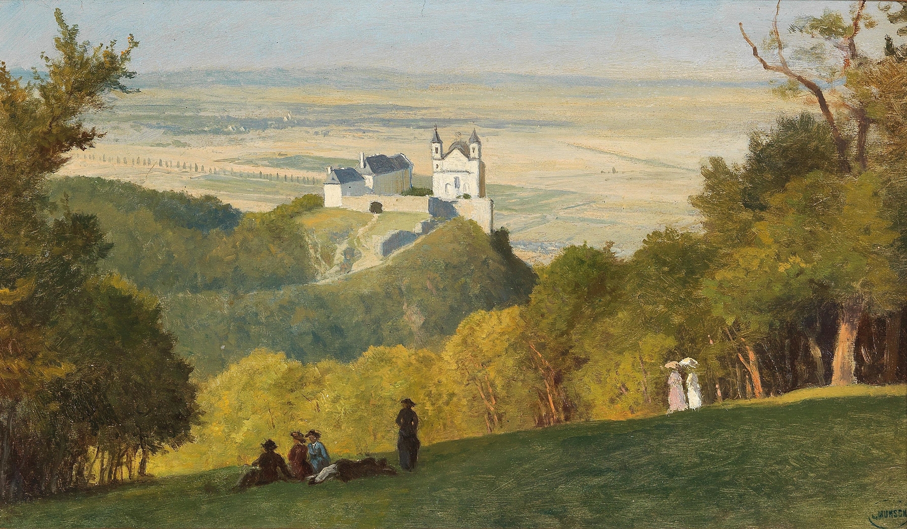 Landscape oil painting by Leopold Munsch depicting hills and sky.