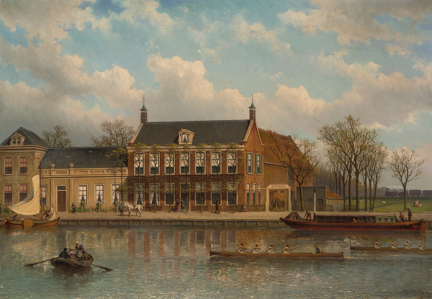 De Amstel bij de uitspanning Lokhorst by Eduard Alexander Hilverdink, oil on canvas depicting a river and an inn.