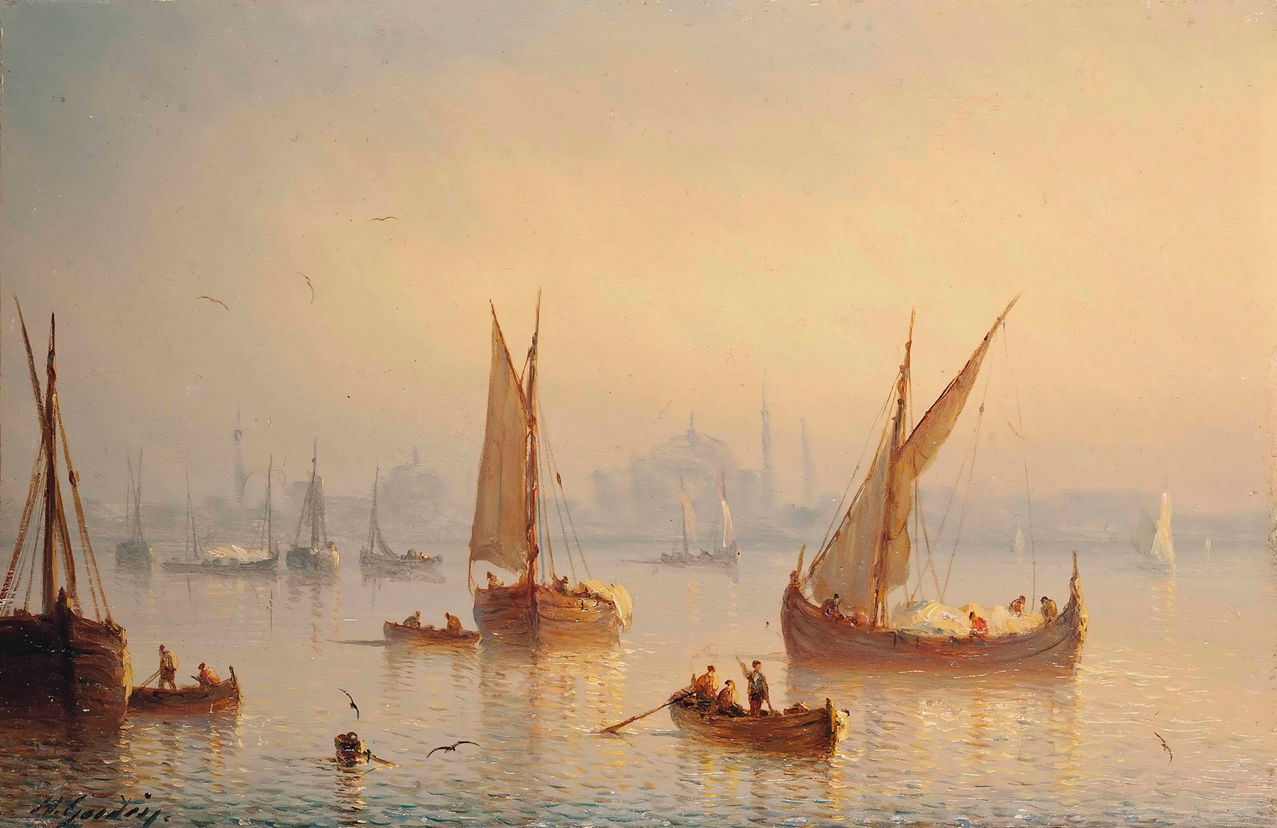 Marine scene with vessels on the Bosphorus and Hagia Sophia Mosque, oil painting by Henriette Gudin