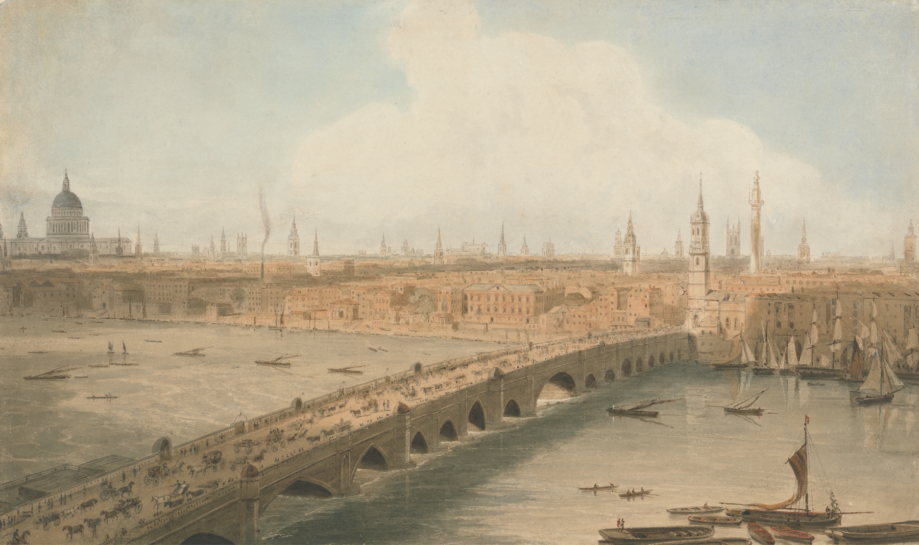 View of London Bridge and St. Paul’s Cathedral by William Daniell, oil painting