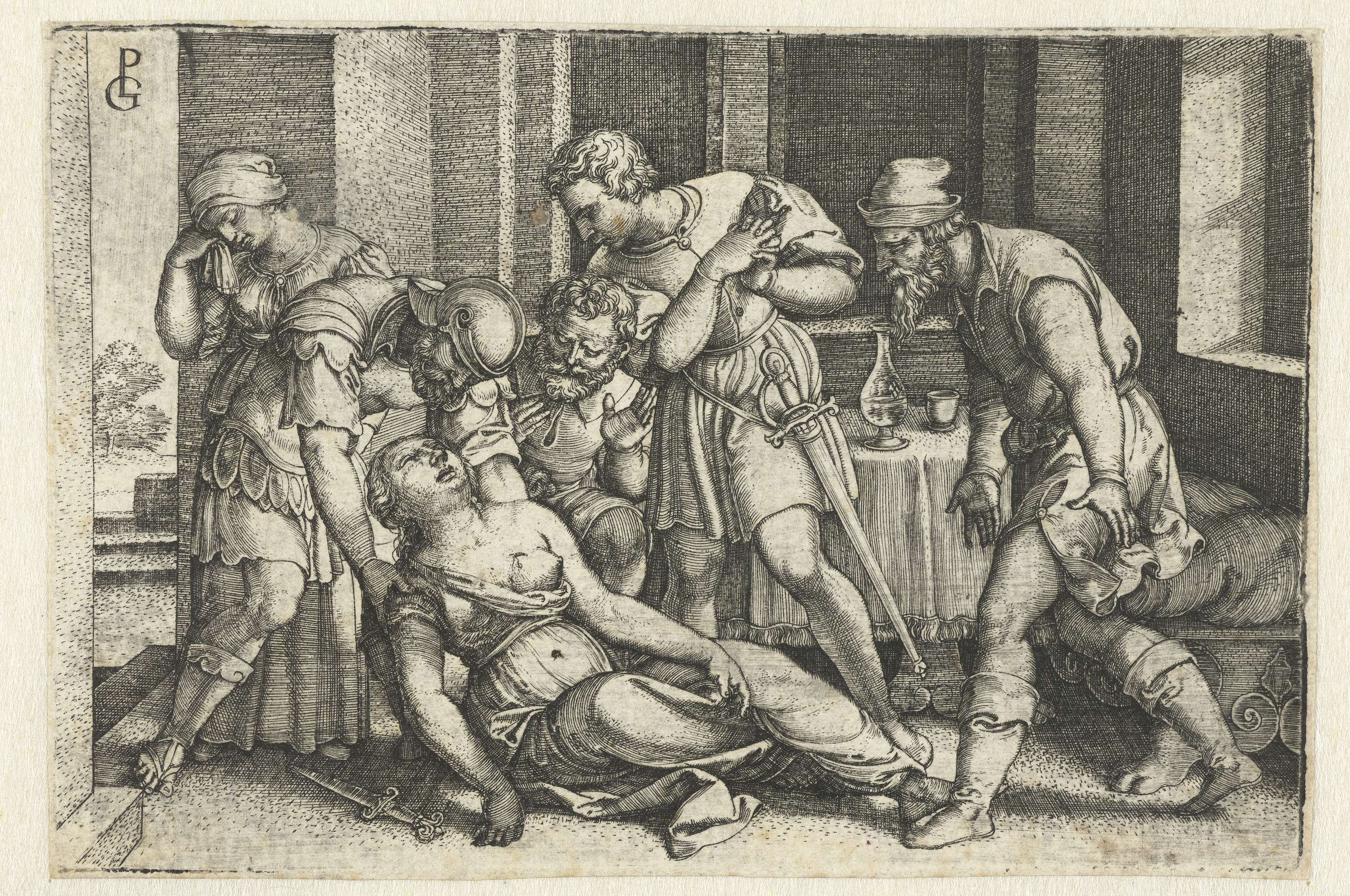 Engraving by Georg Pencz depicting Lucretia in anguish, illuminated by soft light.