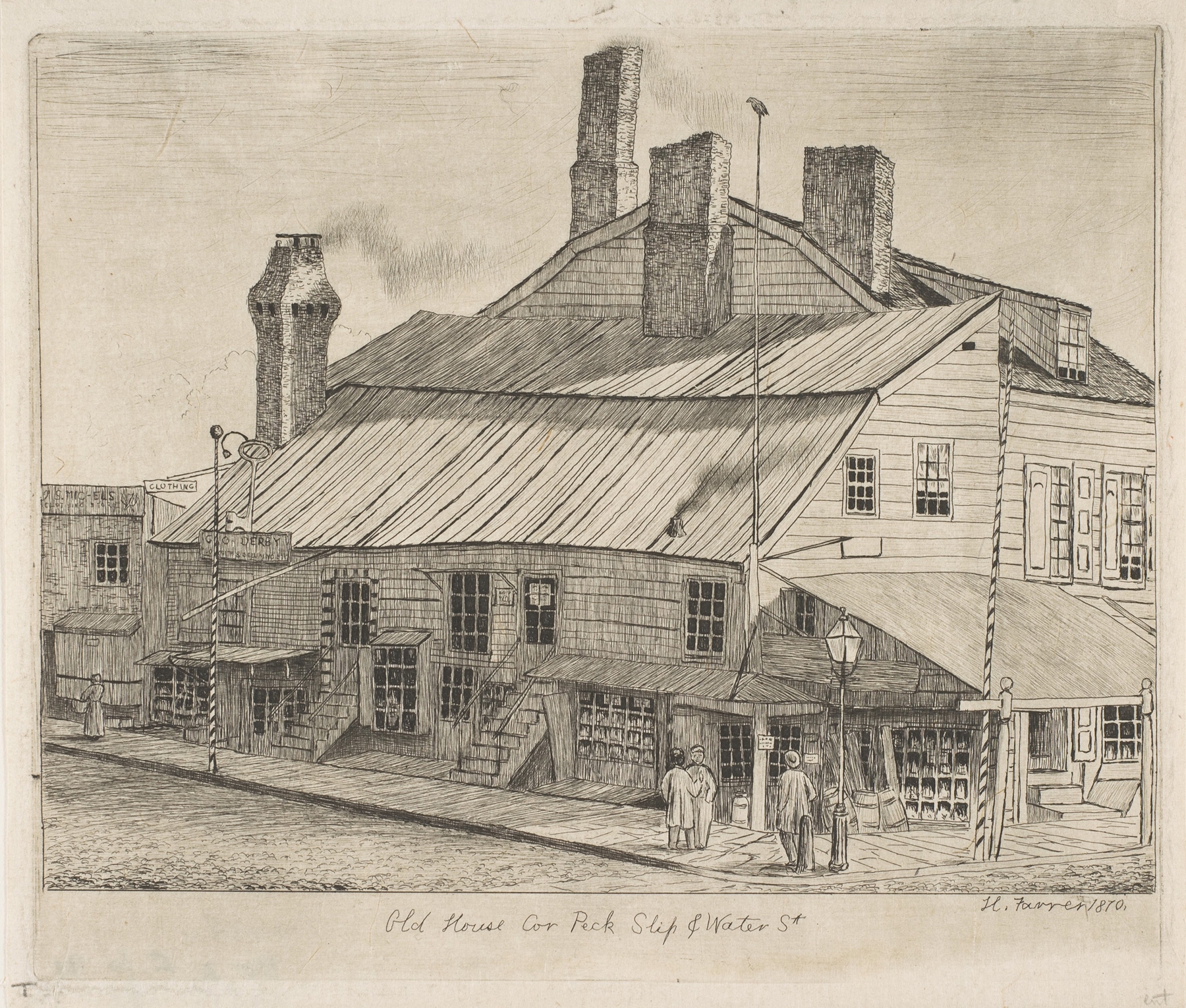 Engraving by Henry Farrer of an old house in New York, showcasing urban architecture