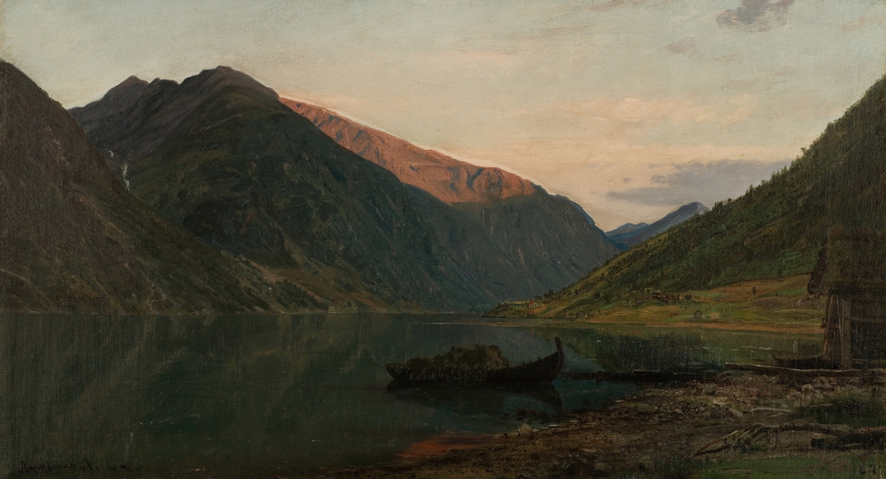 Aftenstemning, Fjærland by Amaldus Nielsen, oil on canvas depicting a twilight fjord landscape.