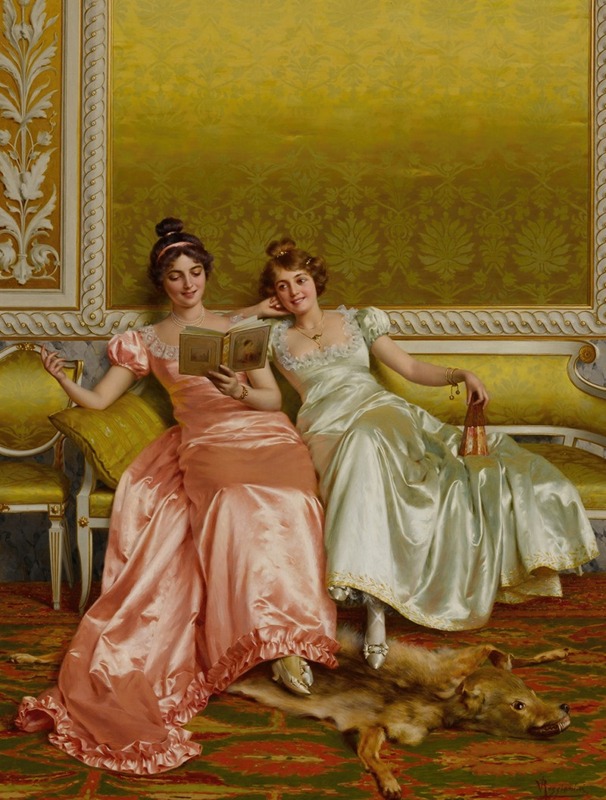 A captivating genre scene by Vittorio Reggianini depicting a lively gathering.