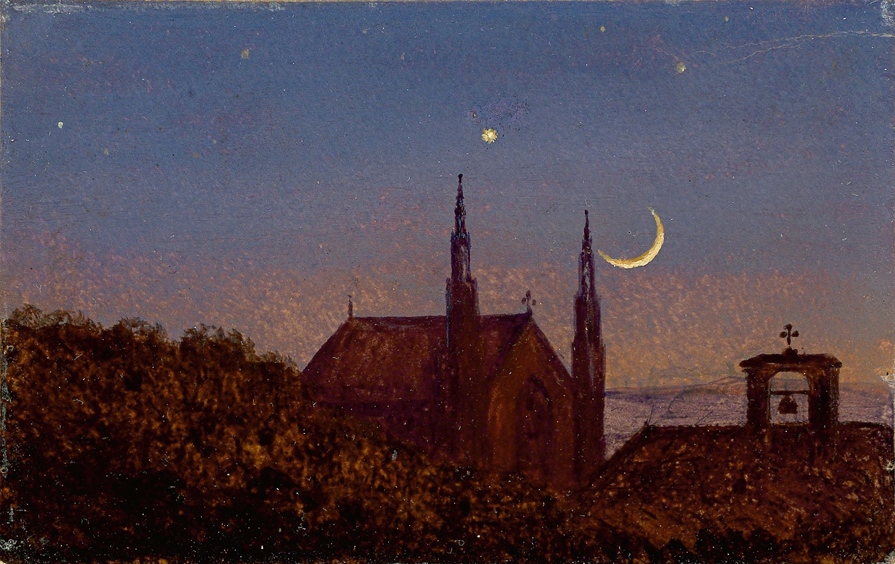 Gotische Kirche über Baumwipfeln bei Mondenschein, by Carl Gustav Carus, public domain