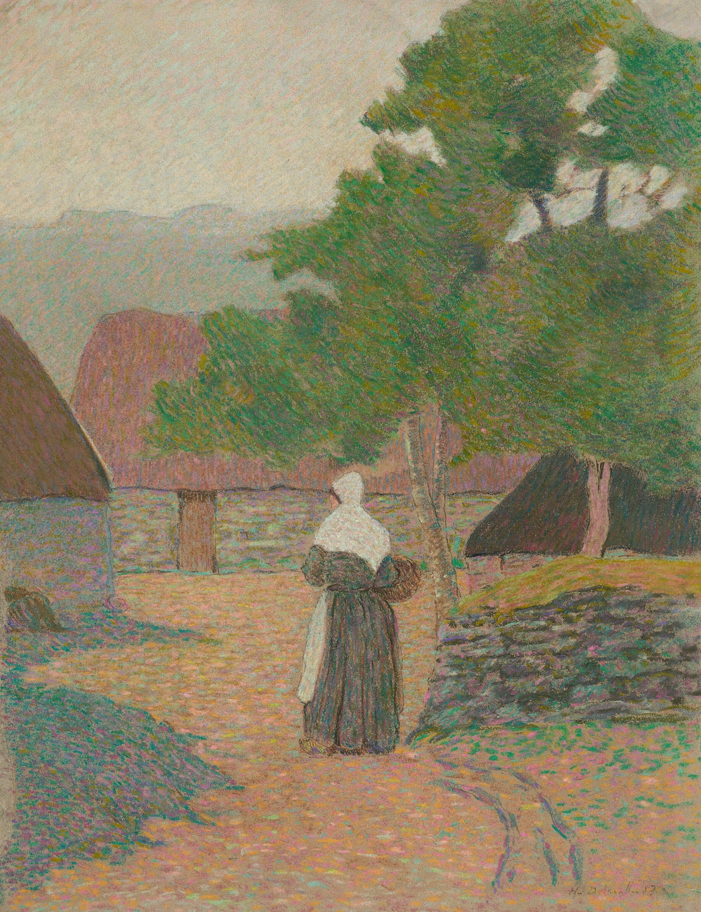 Landscape oil painting by Henri Delavallée depicting a farmer heading to her farm.