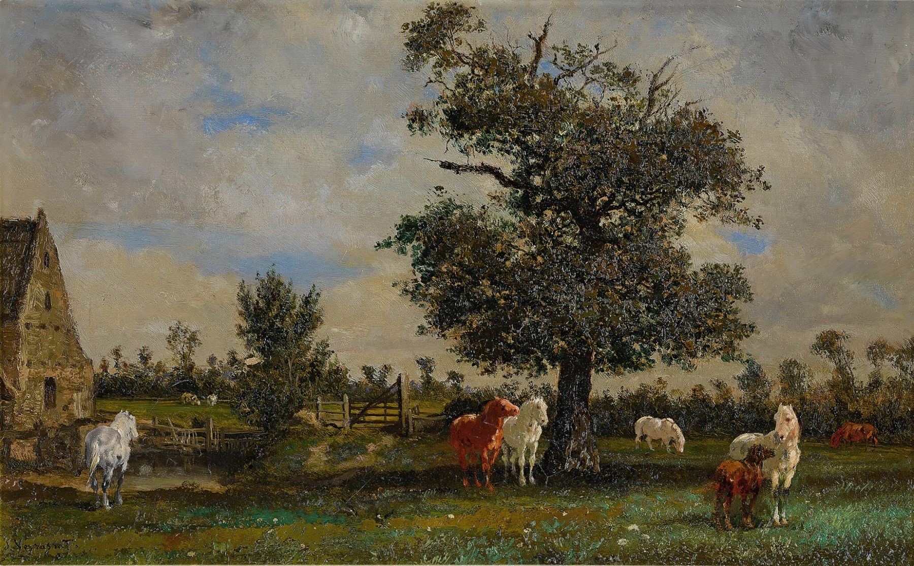 Realism oil painting by Jules-Jacques Veyrassat featuring horses under an apple tree