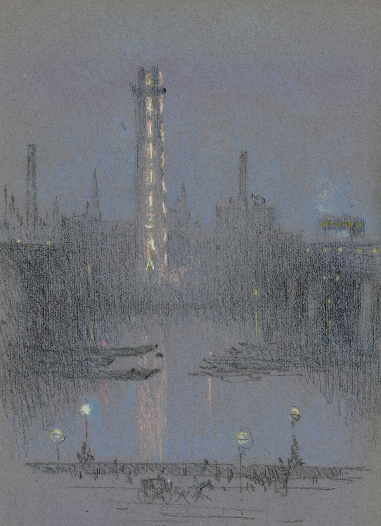 Impressionist oil painting of Shot Tower with night lights by Joseph Pennell