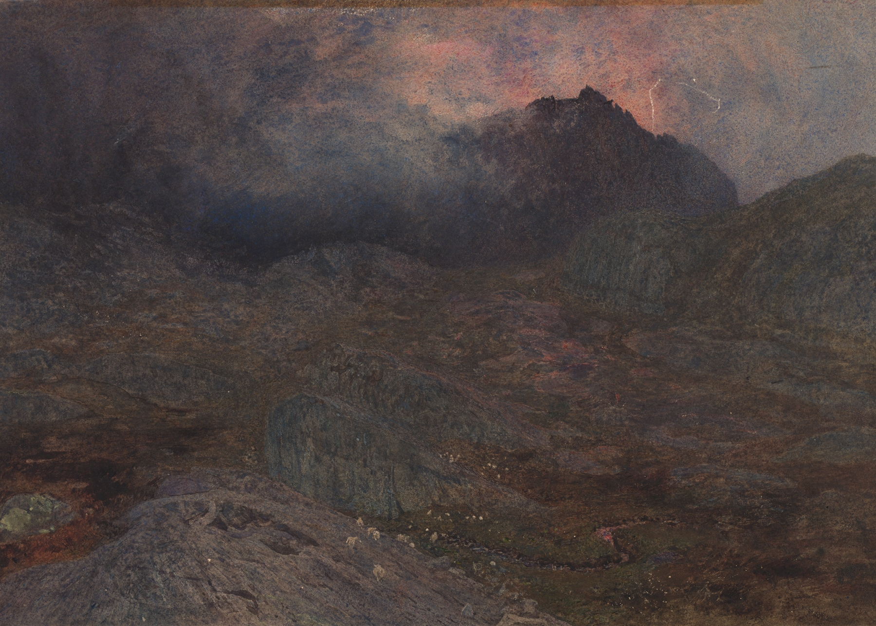 Cwm Trifaen by Alfred William Hunt, watercolor on paper depicting a tranquil landscape with water reflections.