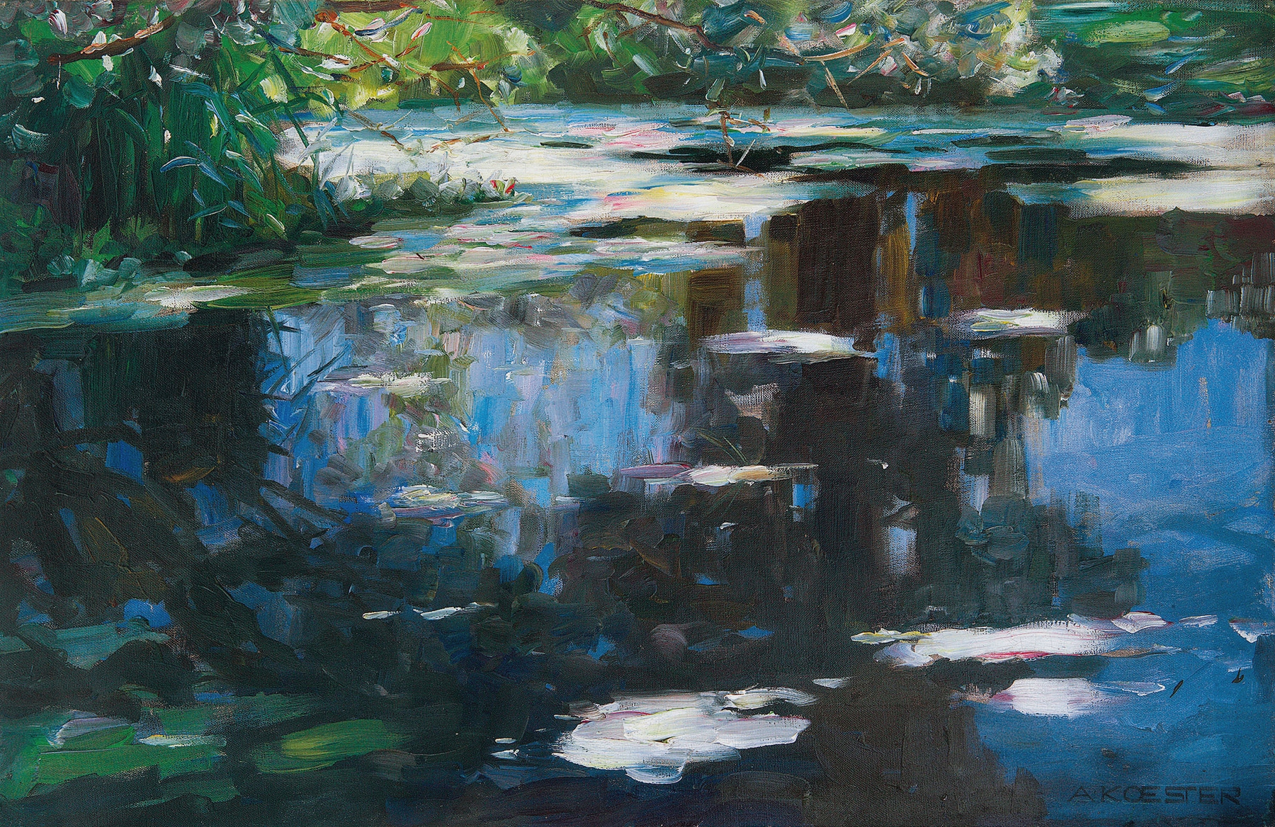 Teichblüten – Altwasser bei Brixen by Alexander Koester, oil painting featuring lily pads and still water.