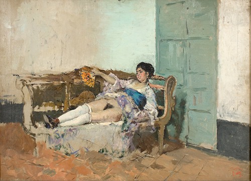 Carmen Bastián by Mariano Fortuny Marsal depicts a woman in a vibrant dress amidst a lively scene.