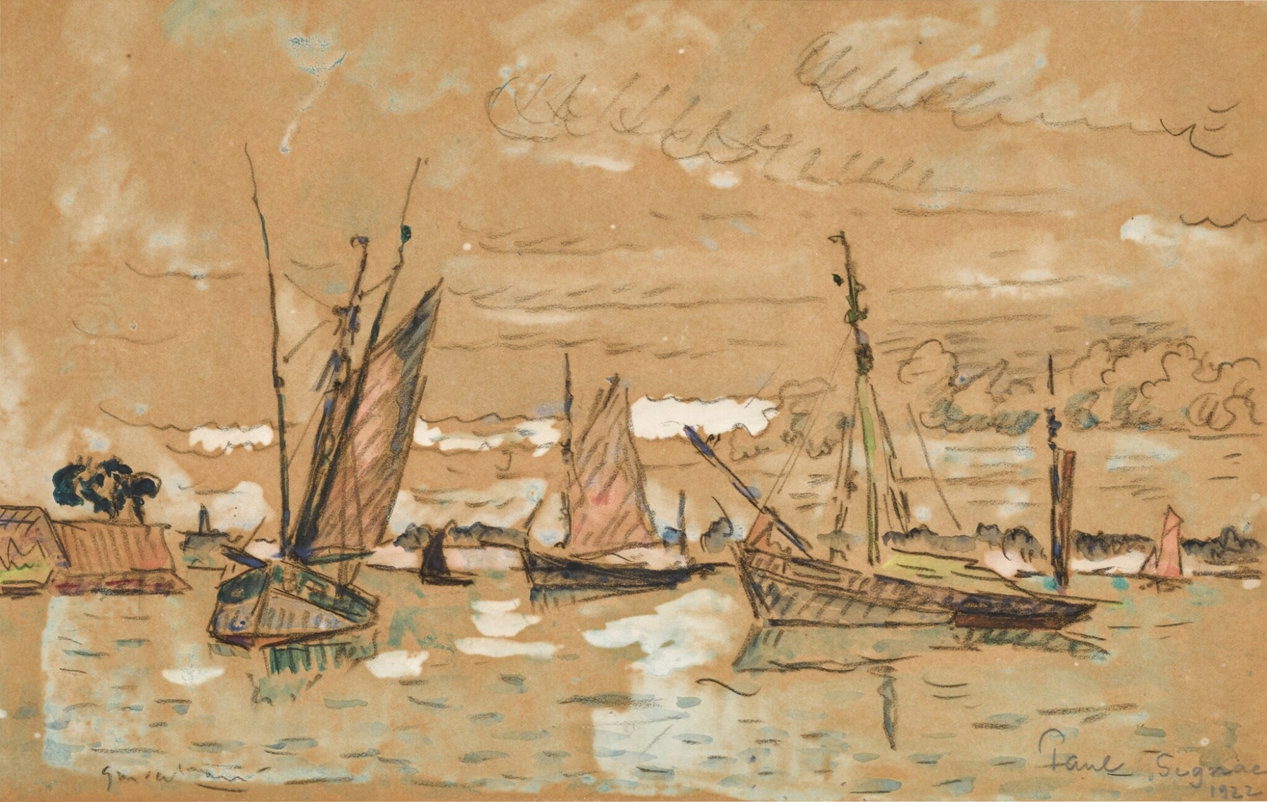 Bateaux à Honfleur by Paul Signac, oil painting depicting boats in a harbor