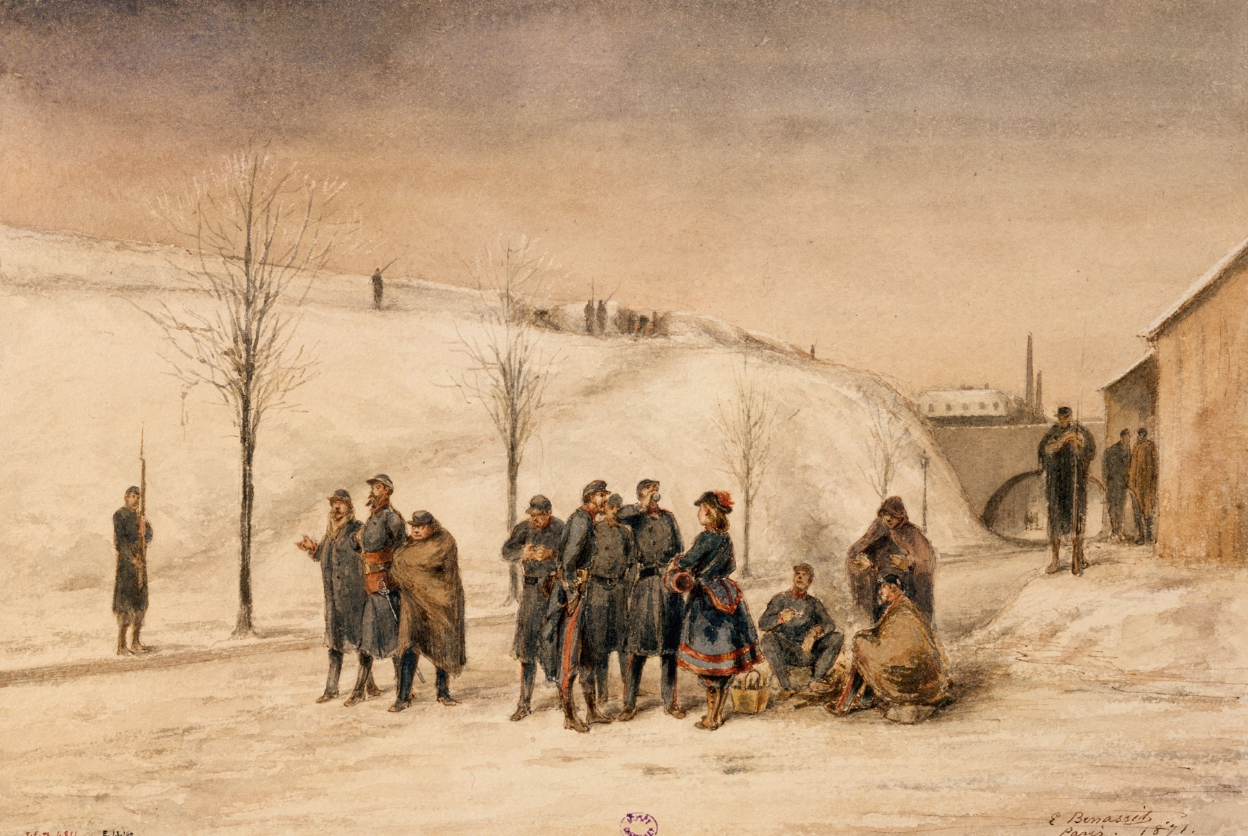 Genre scene depicting soldiers and a cantinière, oil painting by Louis-Emile Benassit