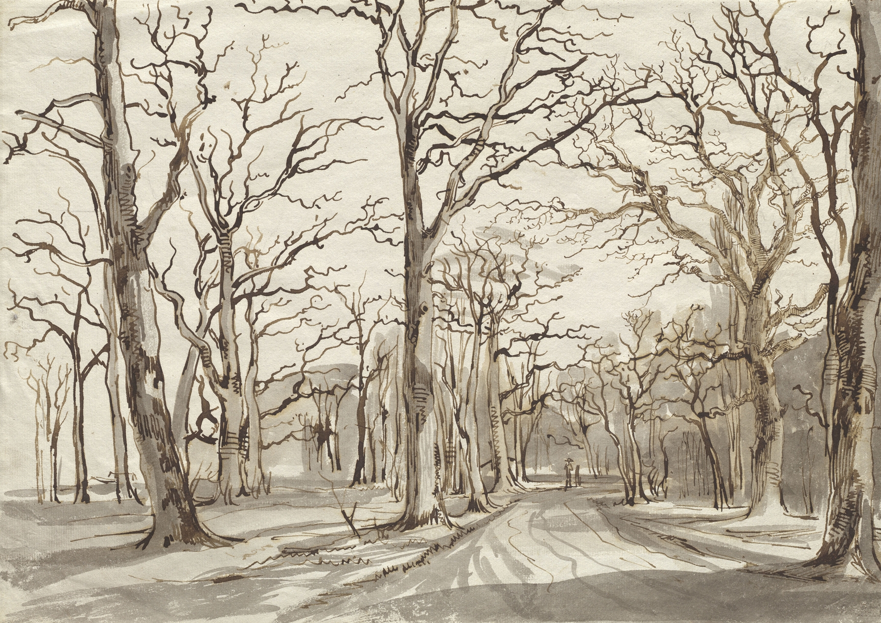A Woodland Path in Rosenthal in Winter, oil painting by Johann Christian Reinhart, featuring a snowy forest path.