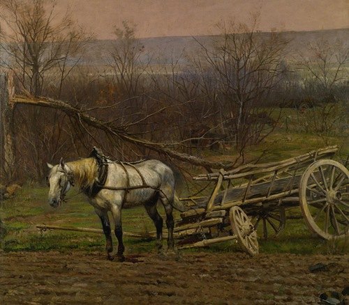 A white horse is depicted pulling a cart in a rural setting.