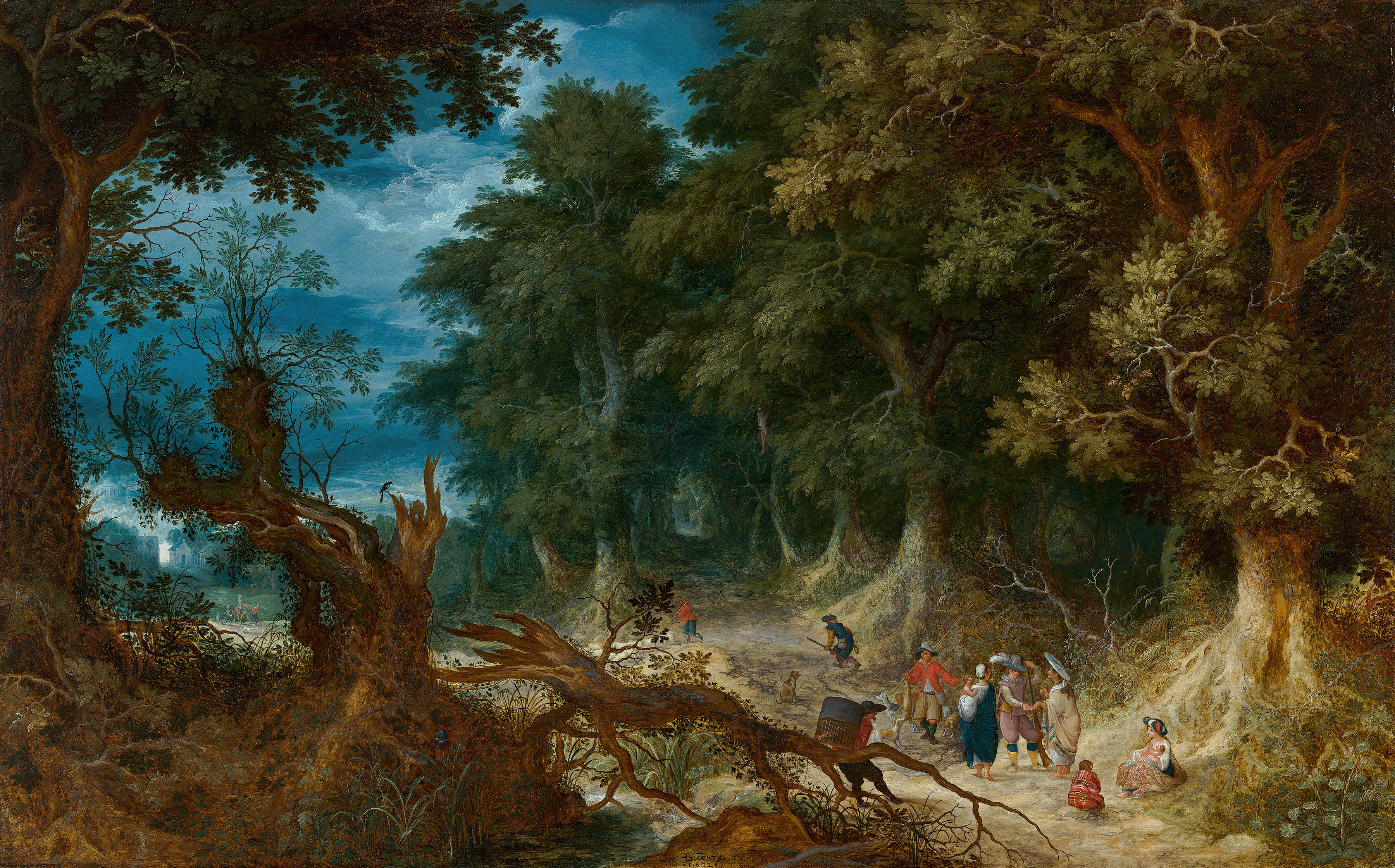 Wooded landscape with hunters and fortune teller by Abraham Govaerts, oil painting