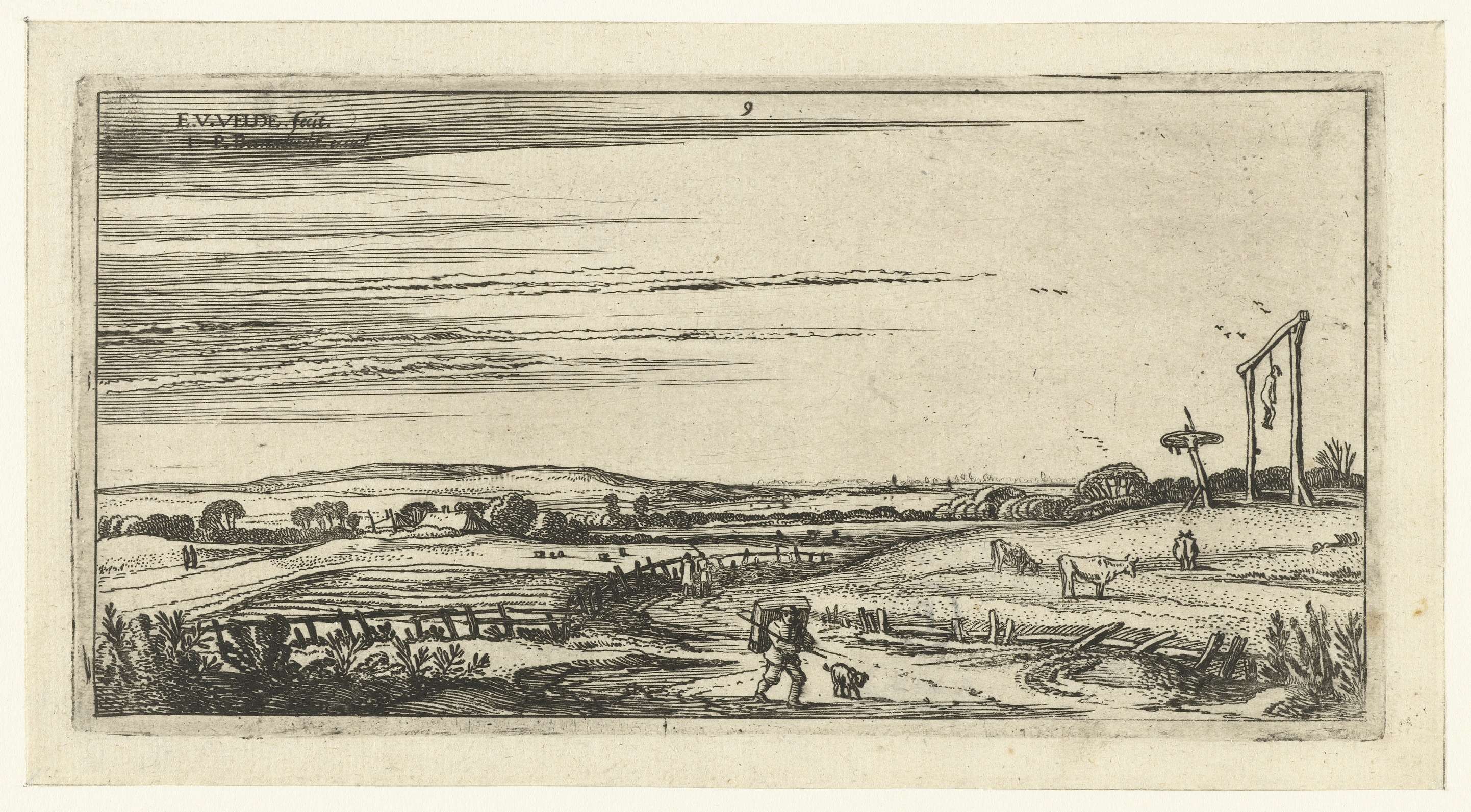 Landschap met galgenveld bij Haarlem, etching by Esaias van de Velde, featuring a gallows in a desolate landscape