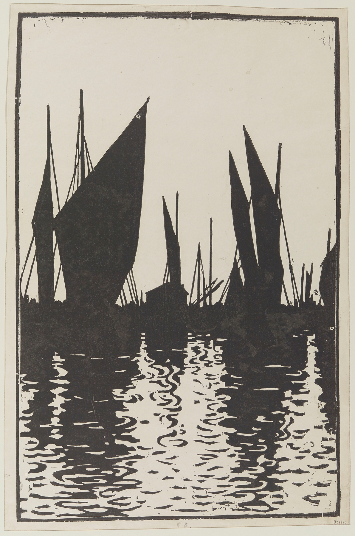 Soleil couchant, Honfleur etching by Henri-Charles Guérard depicting a sunset over water