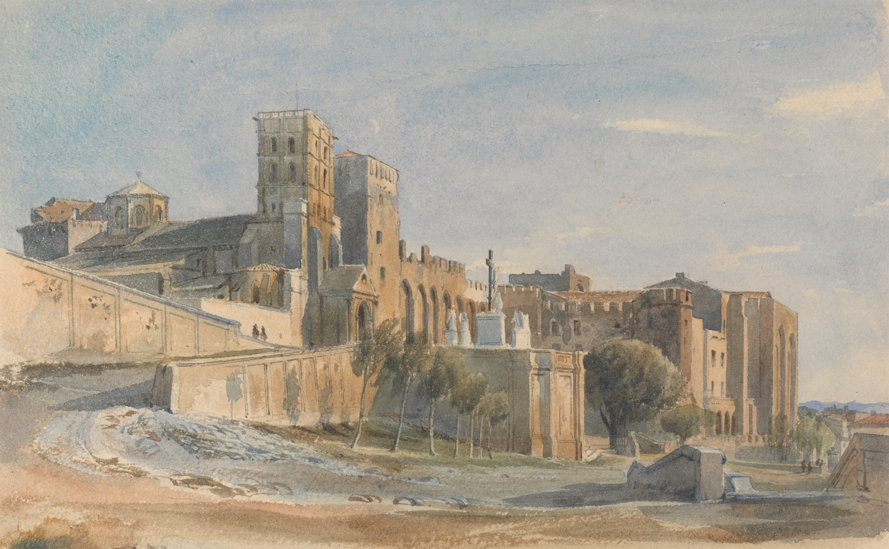 Engraving by Thomas Hartley Cromek depicting the Cathedral and Palace of the Popes, Avignon