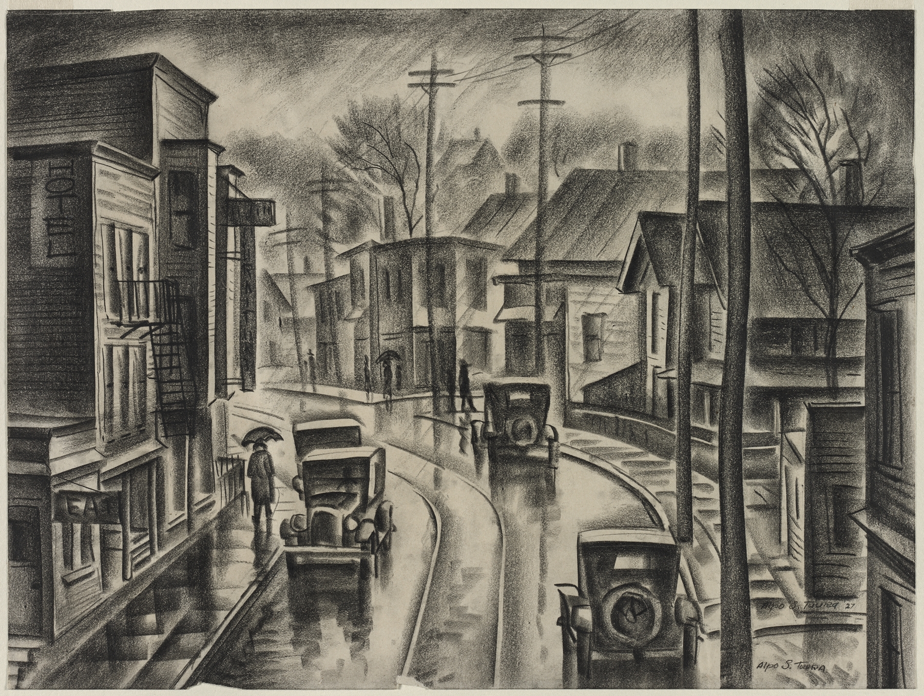 Wet Little Italy by Alpo S. Tuura, impressionist artwork, depicts a rainy urban scene with cobblestones and street lamps.