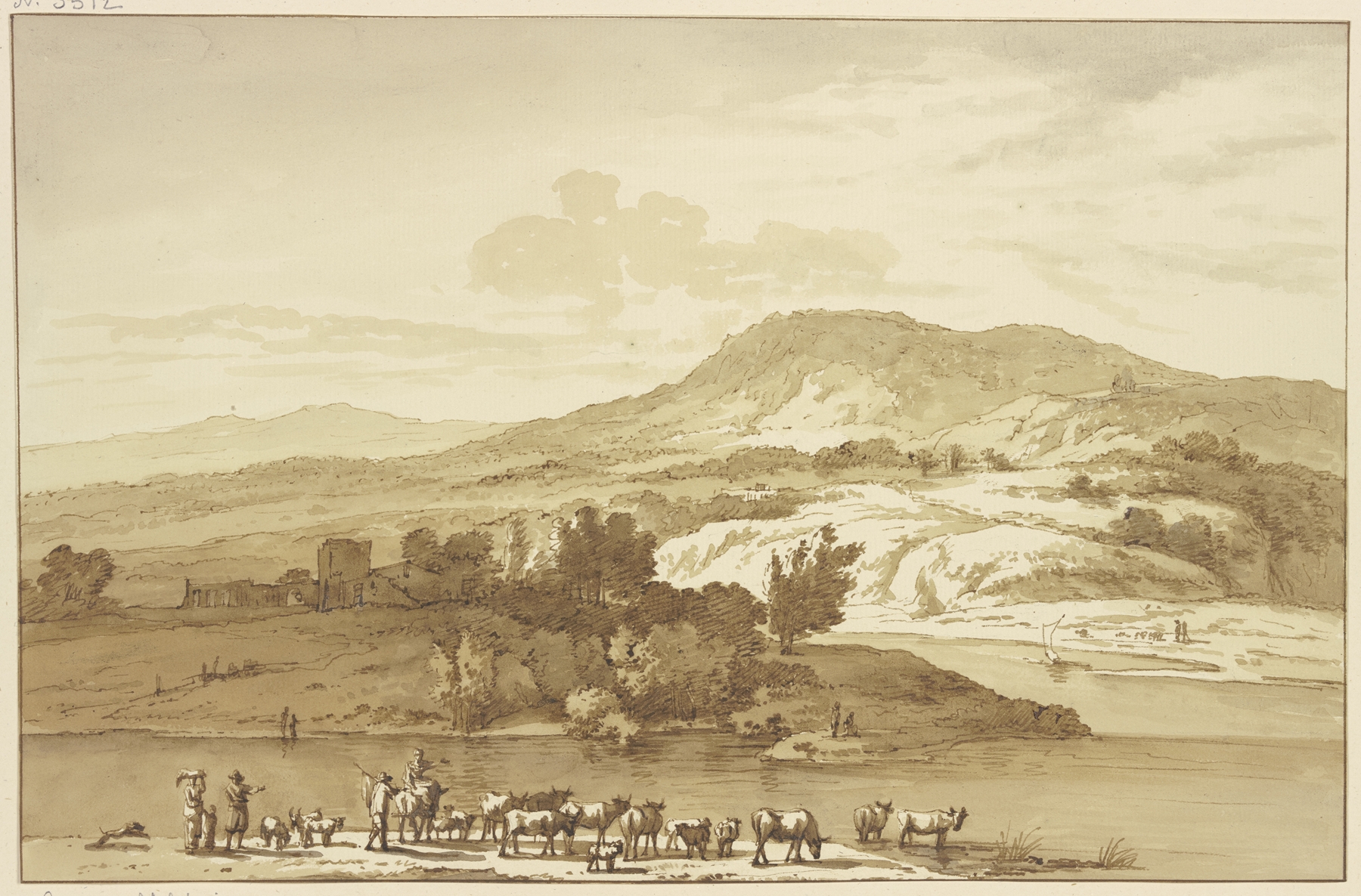 Fluß mit Herde, im Hintergrund Berge, by Jan Hulswit, public domain