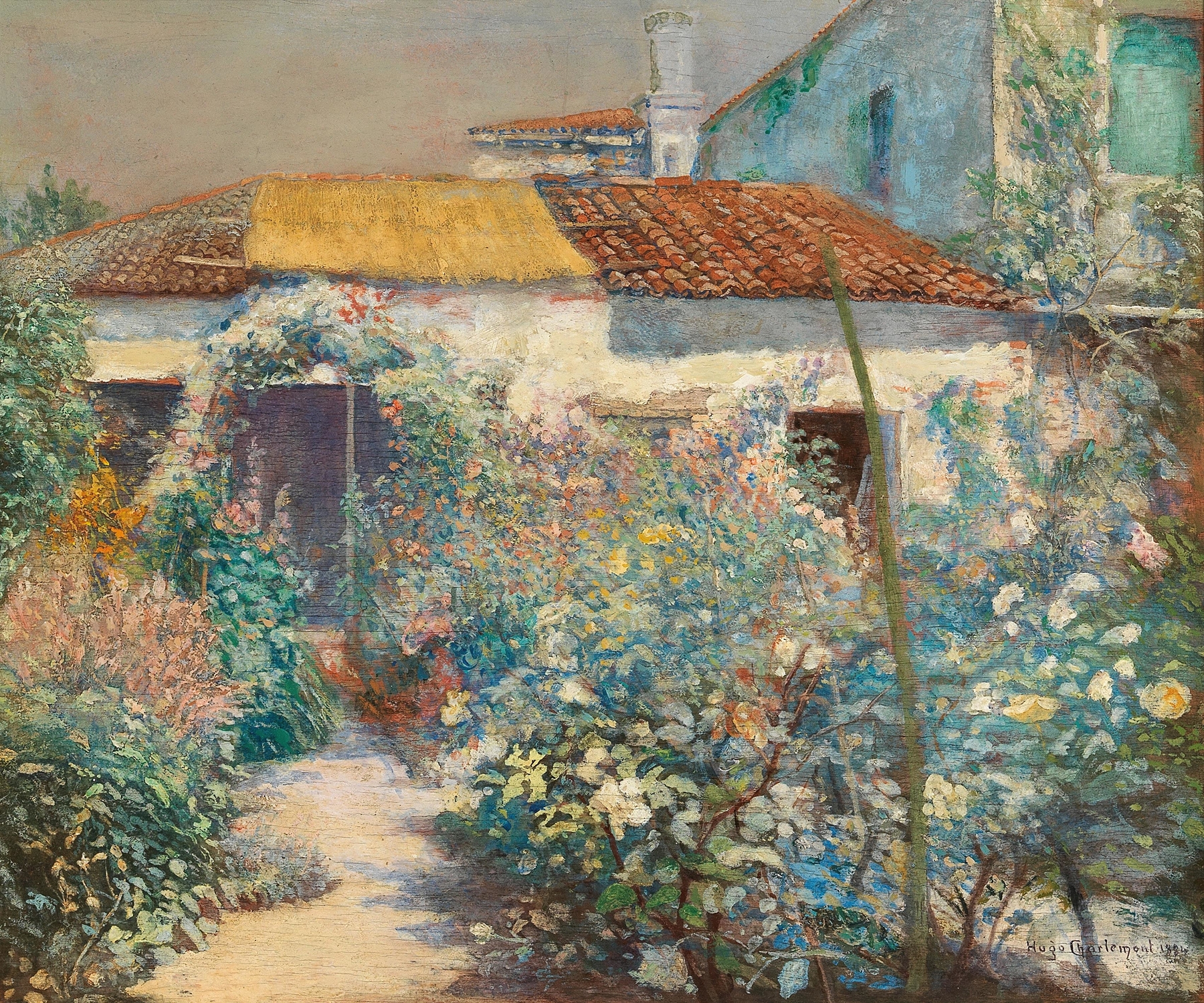 oil painting by Hugo Charlemont depicting a woman in a garden at dusk