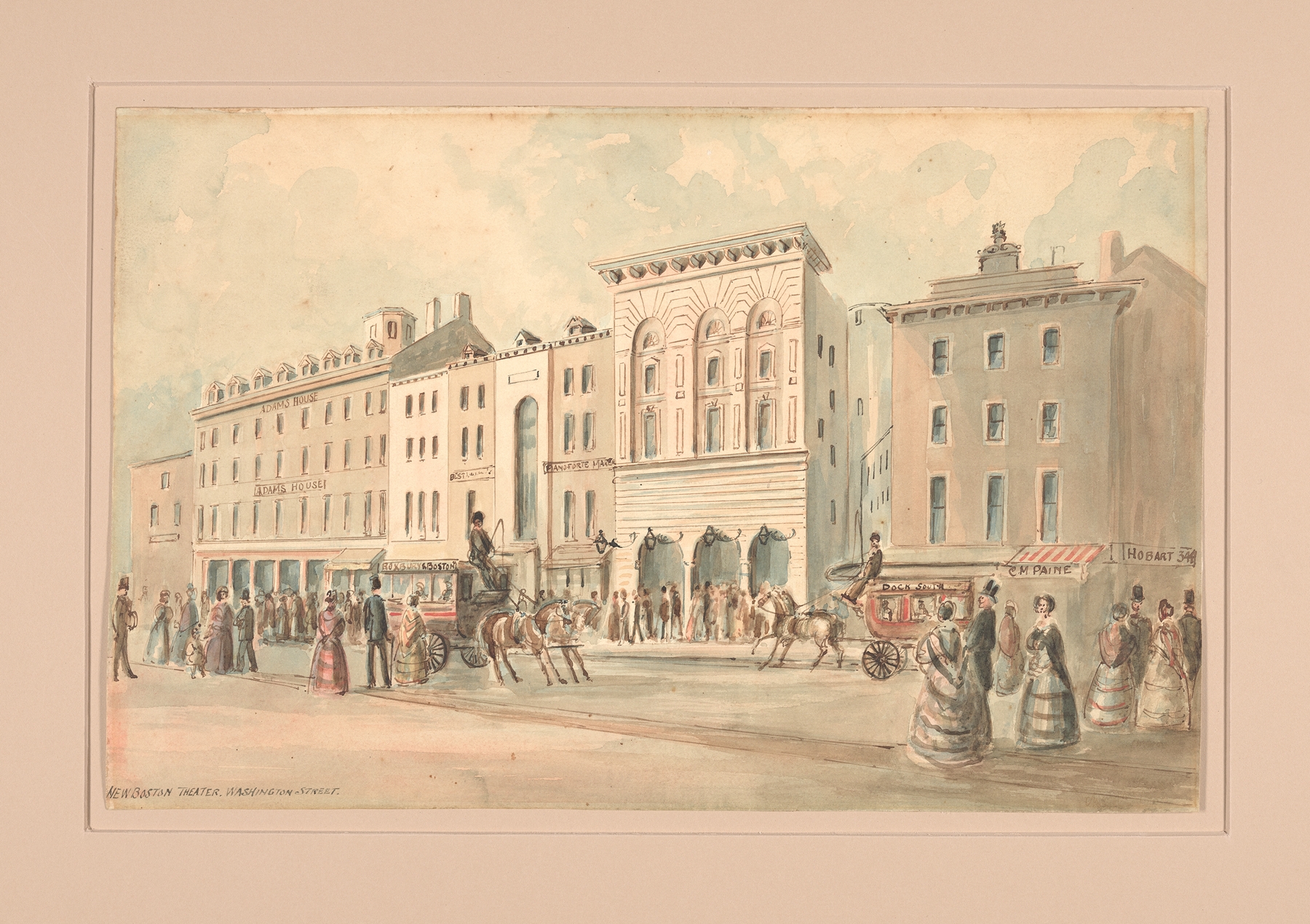 New Boston Theater by Benjamin Champney, oil painting, showcasing the illuminated façade and entrance.
