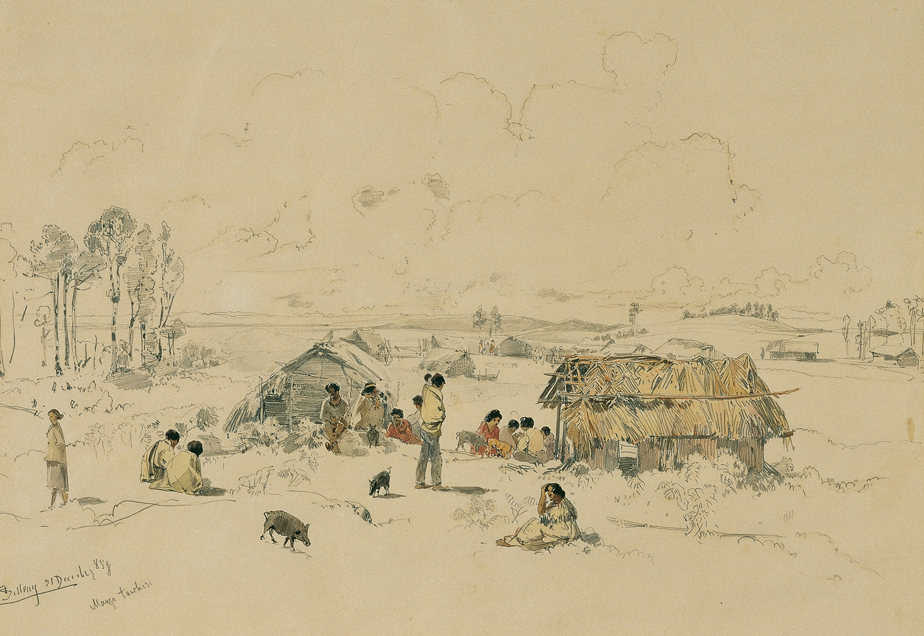 Maori-Dorf am Fluss Mangatawhiri, oil on canvas by Joseph Selleny depicting a river and village.
