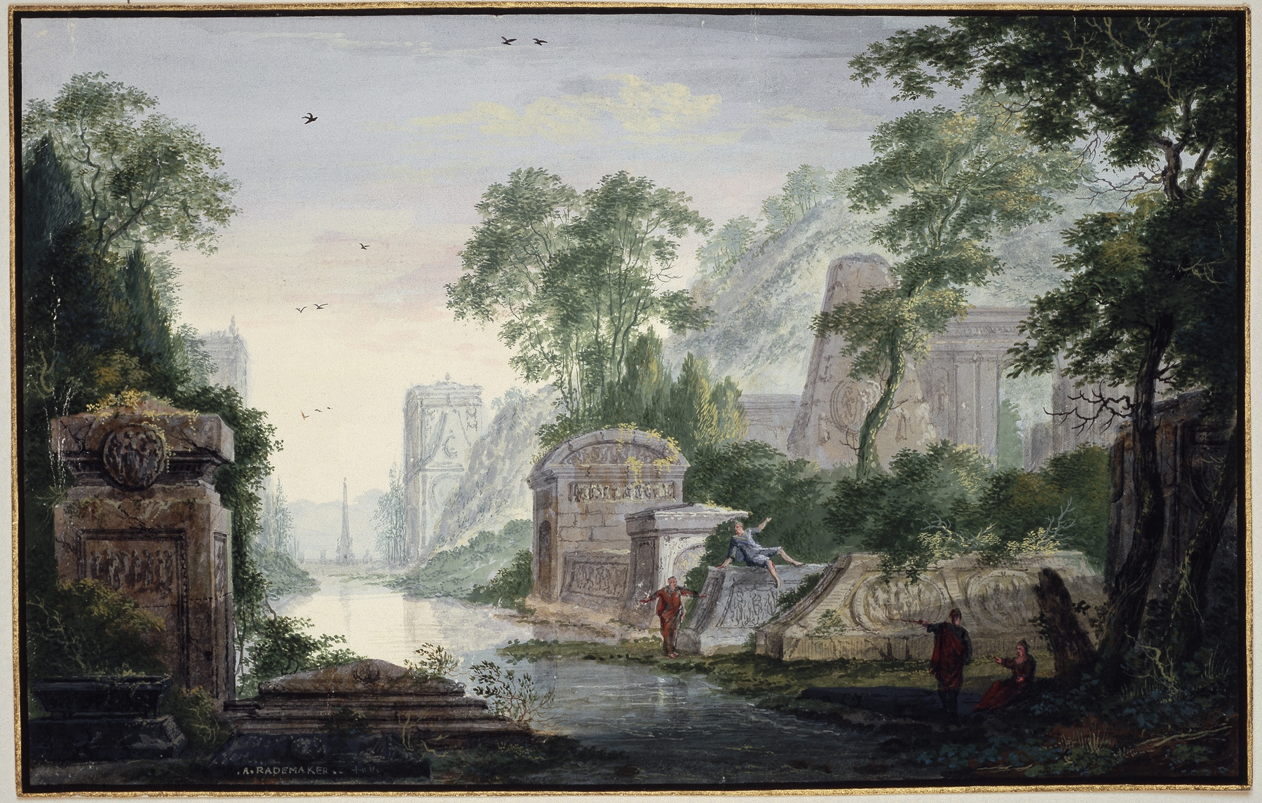 Ancient Grave Ruins in a River Landscape by Abraham Rademaker, oil painting