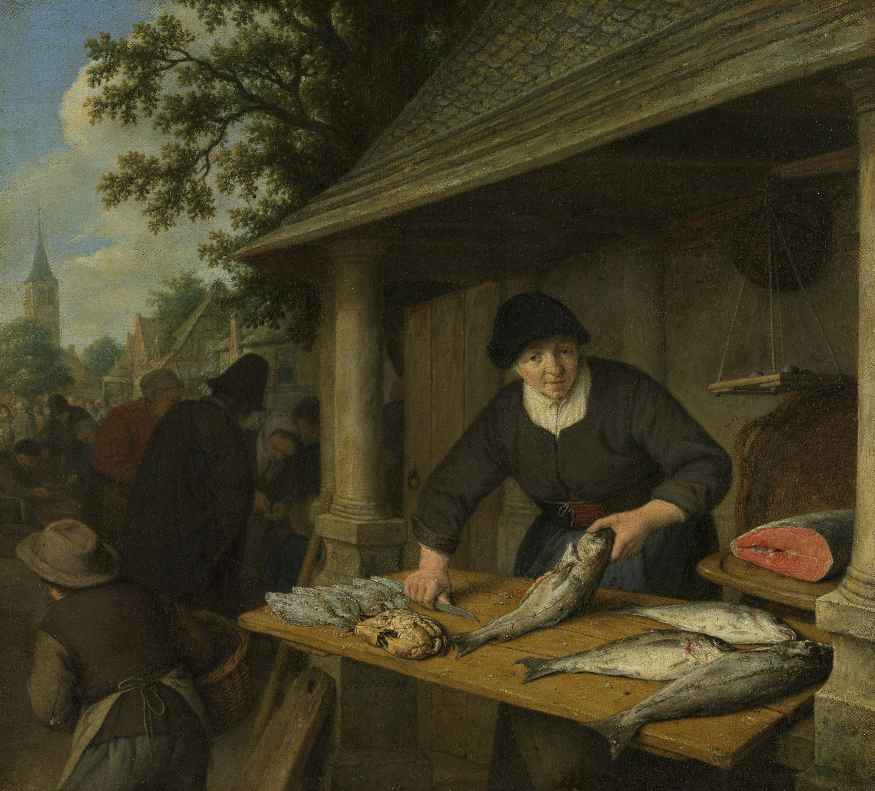 The Fishwife by Adriaen van Ostade, oil on canvas showing a woman with a basket of fish.