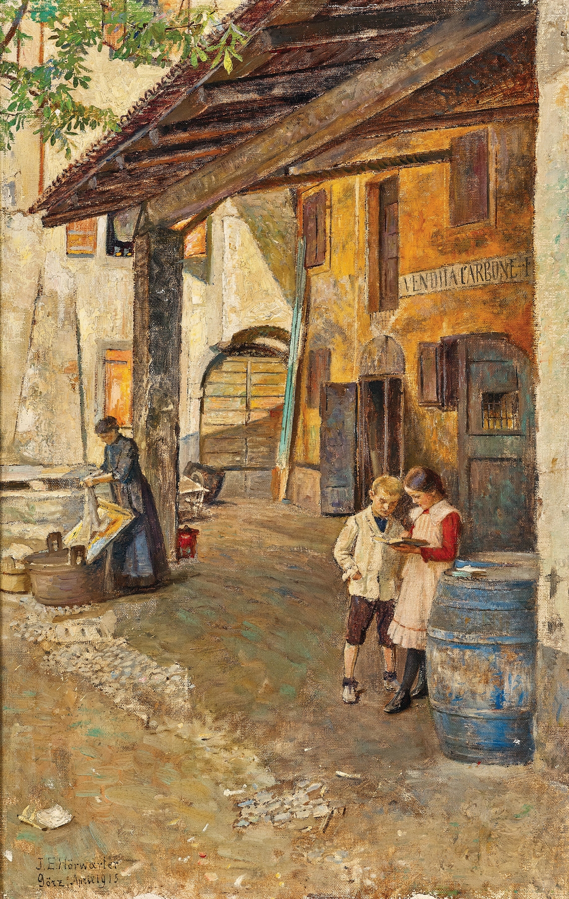 Kohlenhof in Görz by Josef Eugen Hörwarter, oil on canvas depicting a bustling coal market