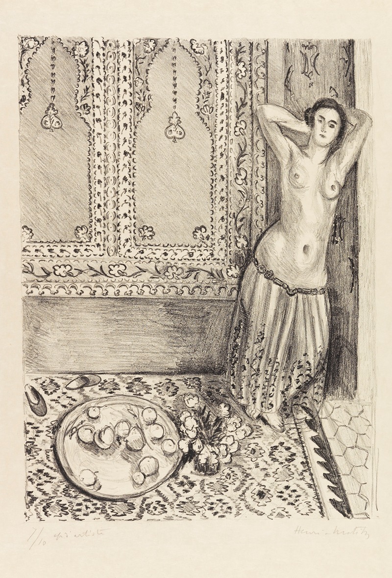 Henri Matisse's 'Odalisque debout au plateau de fruits' features a standing female figure amidst vibrant colors and fruit.