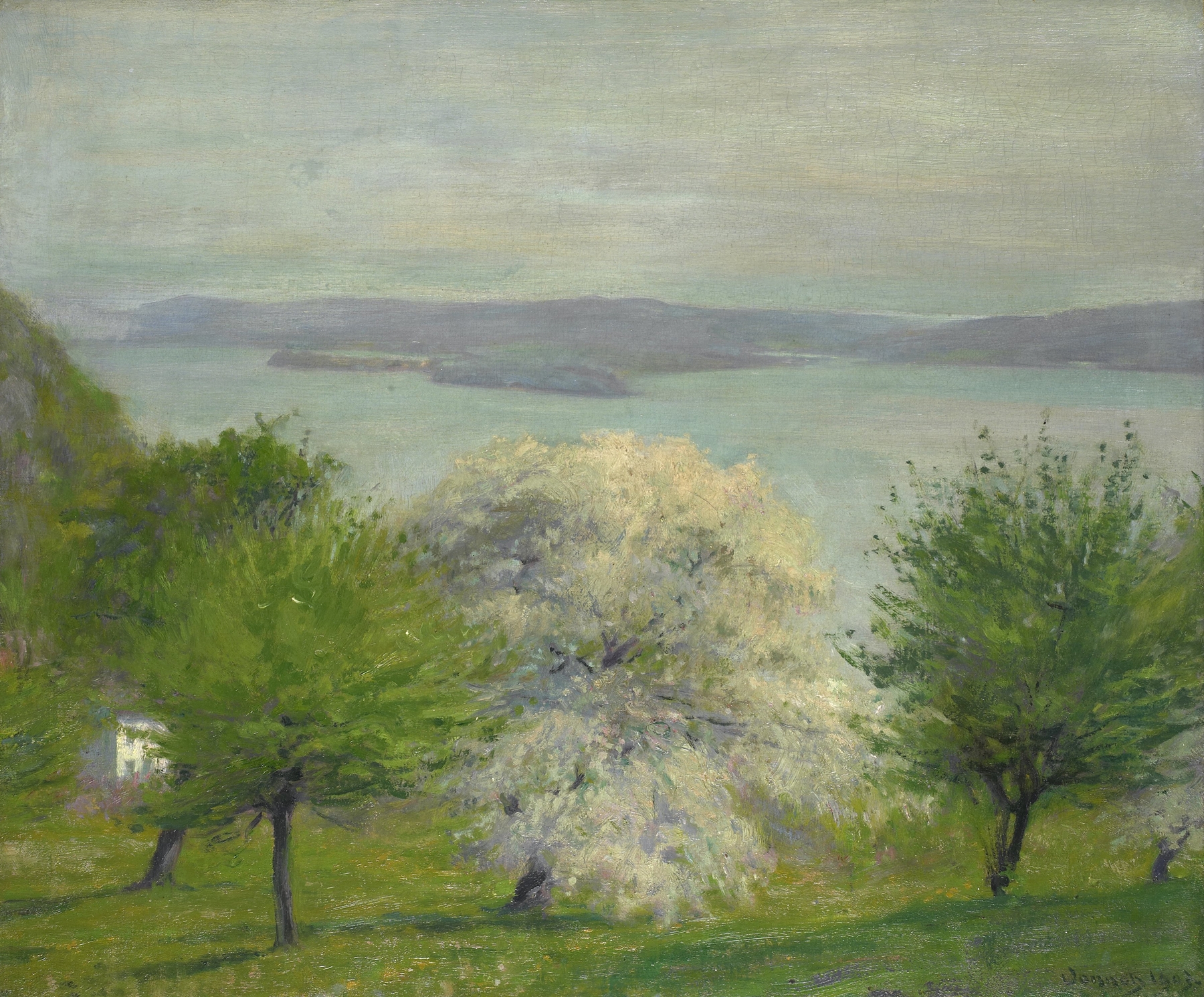 Apple Bloom by Robert Vonnoh, oil painting of a blossoming apple tree in spring light.