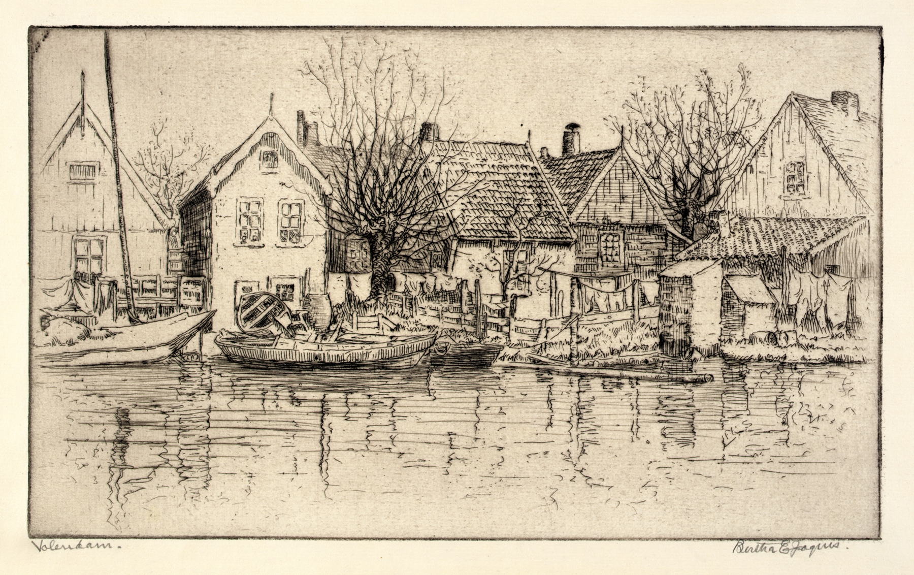 Etching of a harbor scene by Bertha Jaques, featuring water and buildings.