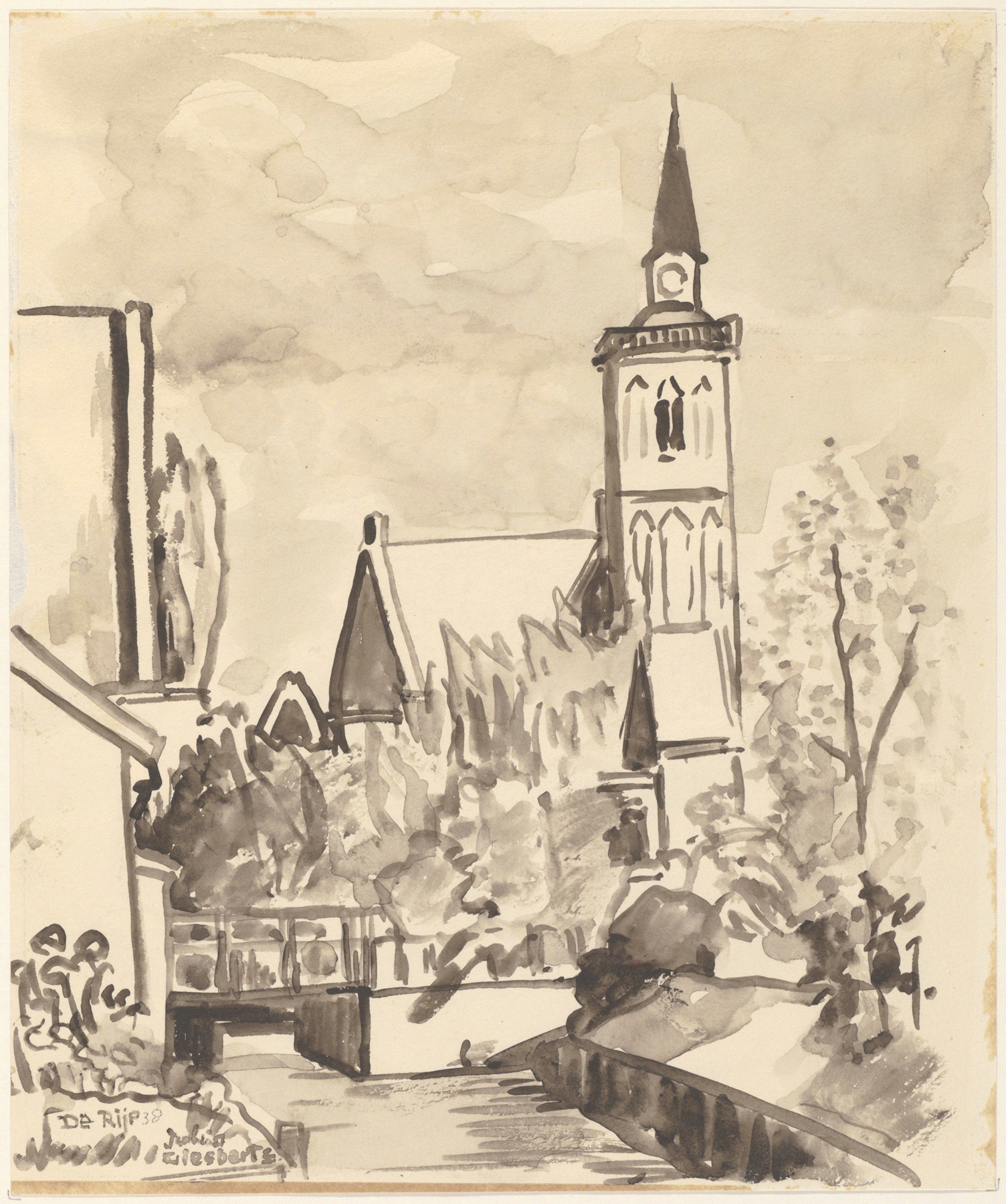 Landscape with a church under a stormy sky, oil on canvas by Julia Giesberts.