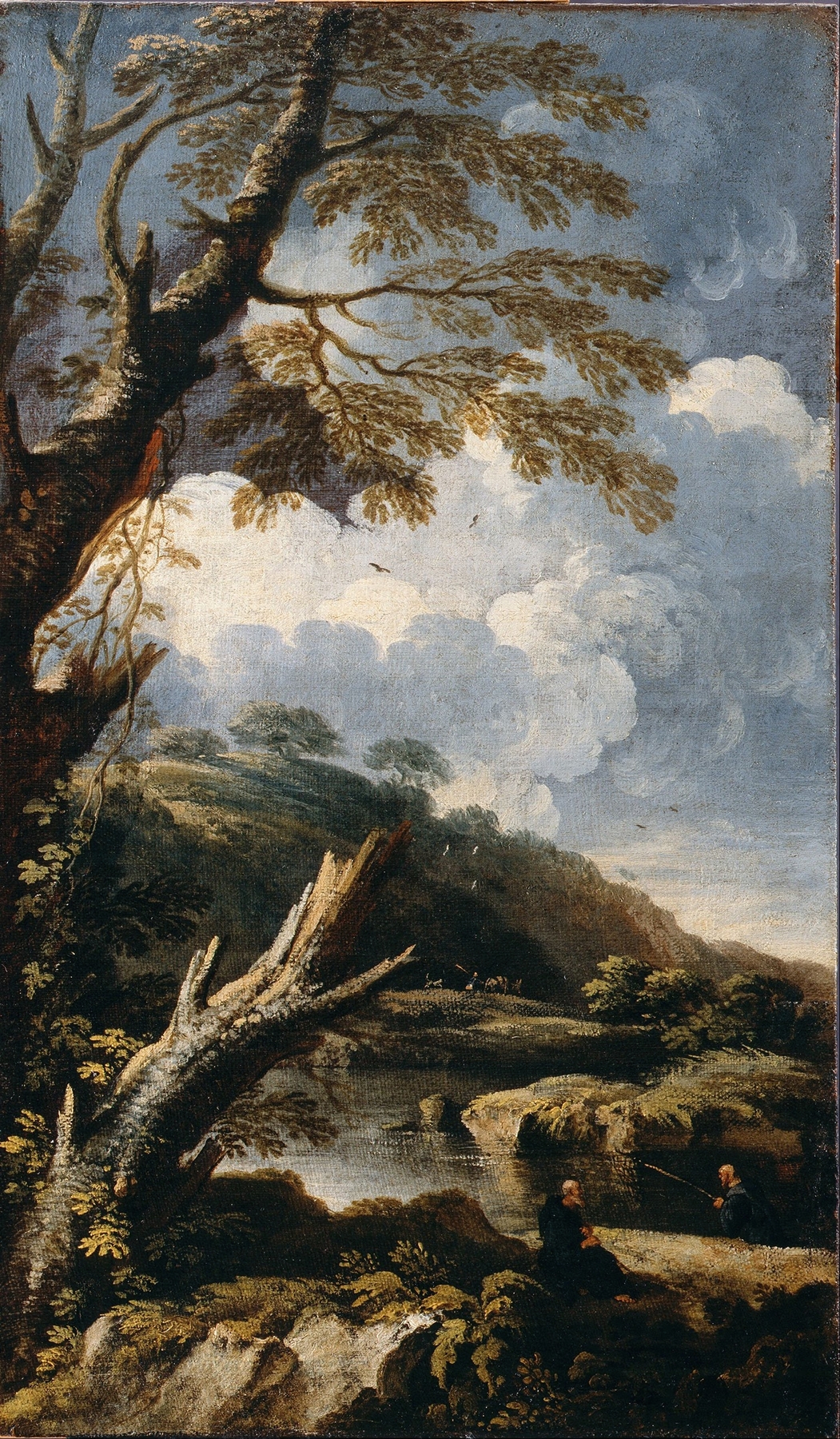 Monks Fishing by Salvator Rosa, oil painting depicting two monks fishing by a river.