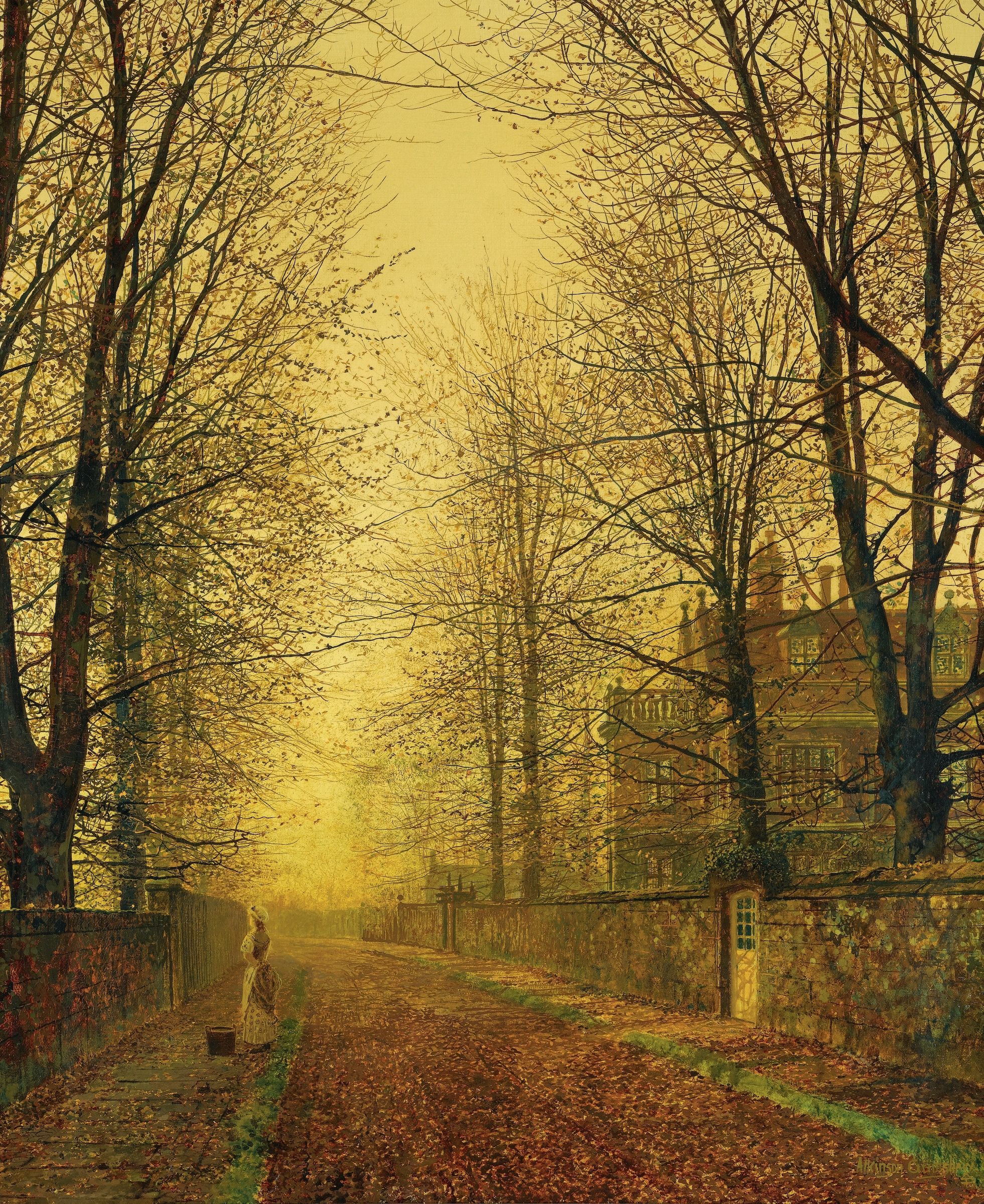 Oil painting by John Atkinson Grimshaw depicting a forest path in autumn light.