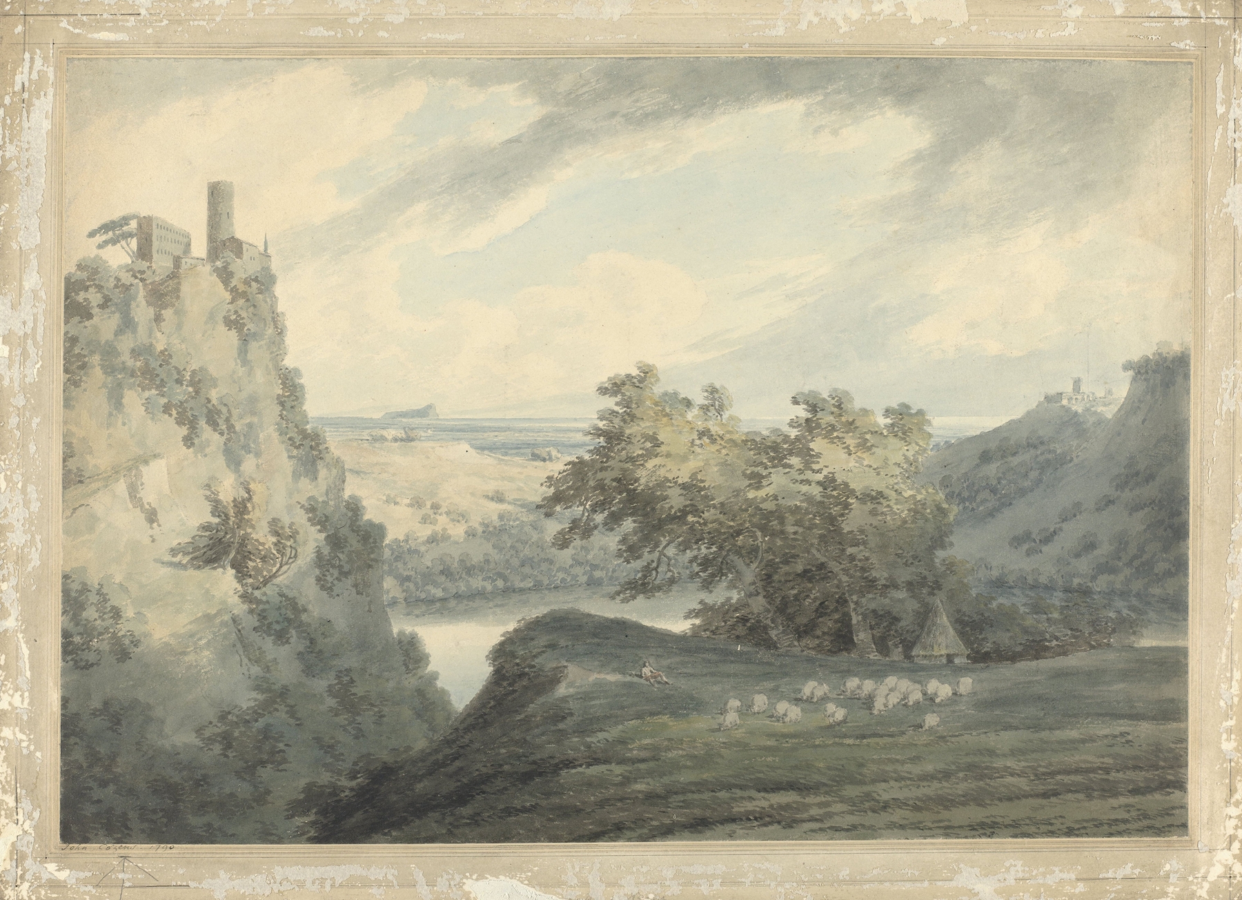 Italian Mountainous Landscape with Lake Nemi, watercolor on paper by John Robert Cozens
