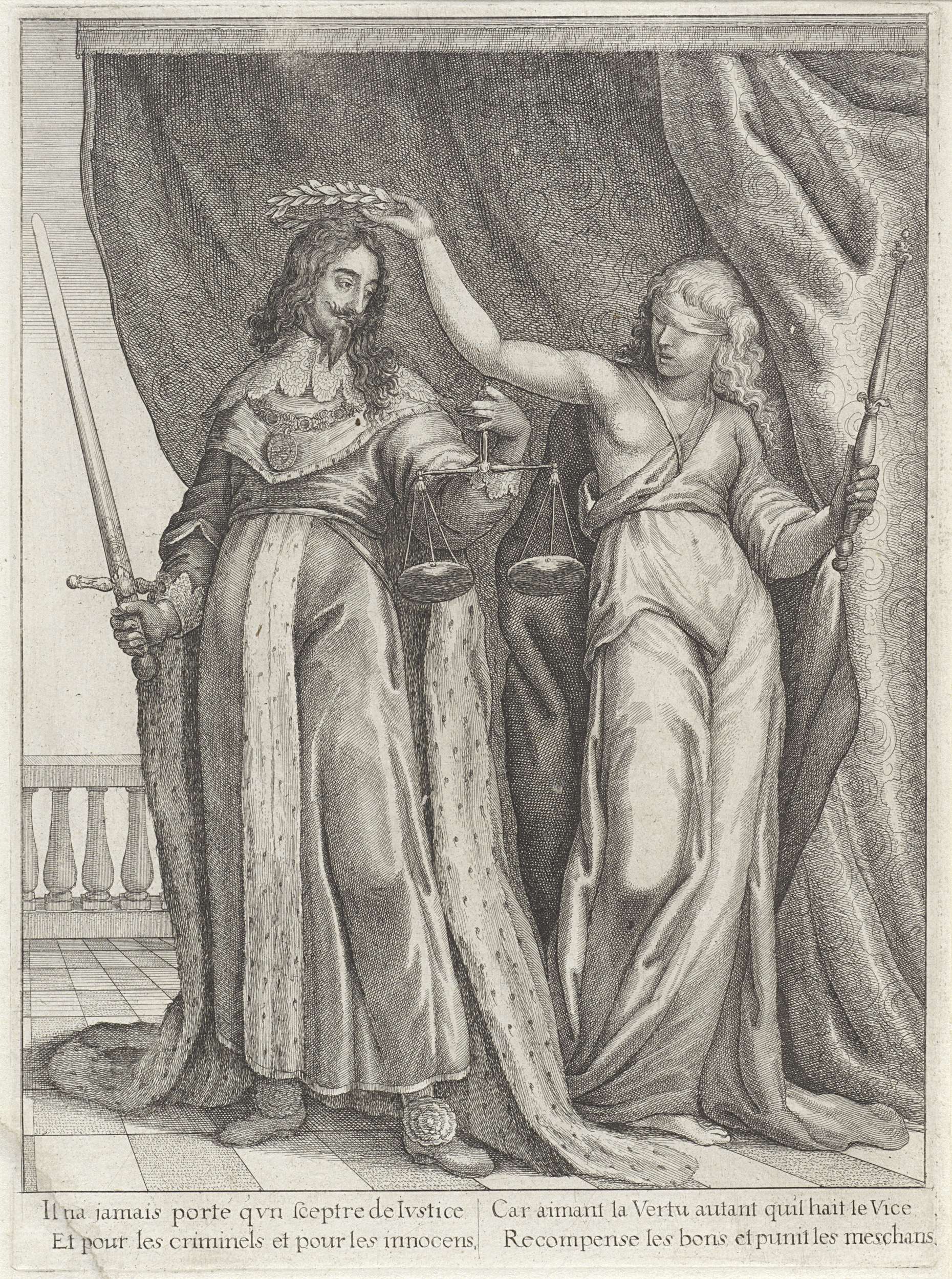 Koning Karel I van Engeland gelauwerd door Justitia, etching by Wenceslaus Hollar
