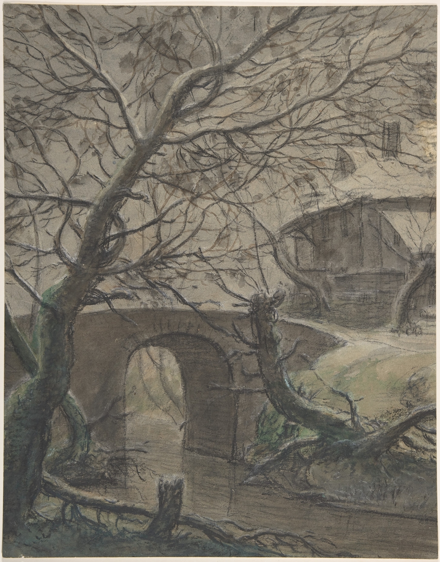A House near a Bridge, oil painting by Antonie Waterloo, depicting a house and bridge at twilight.