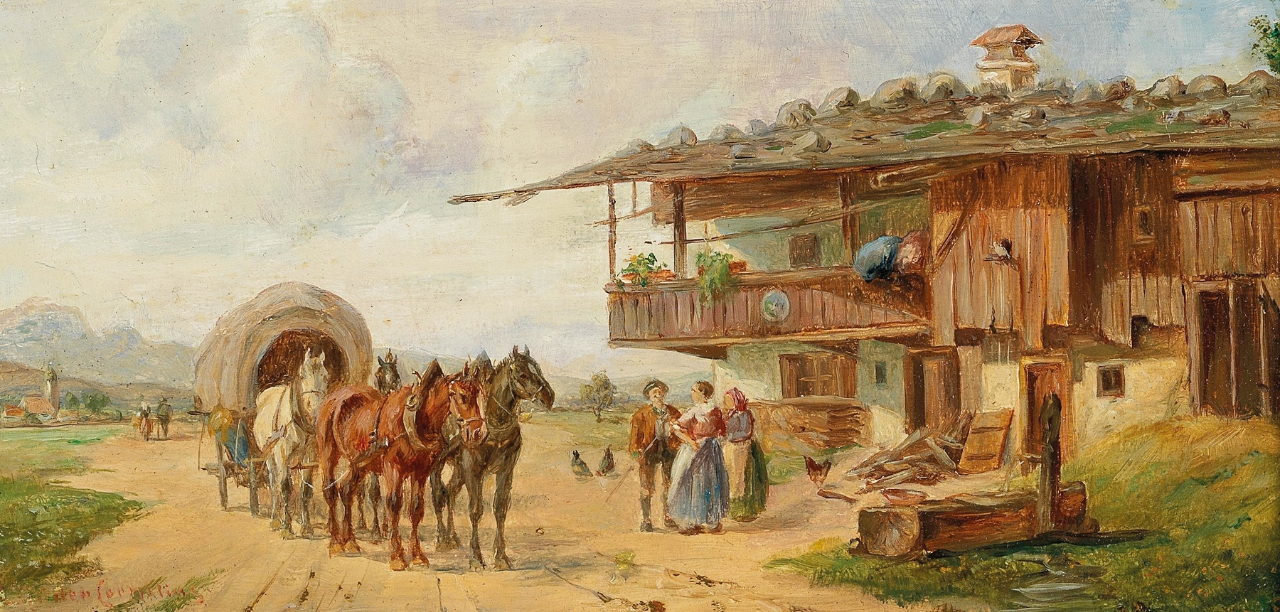 Resting by the House, oil on canvas by Ludwig Müller-Cornelius, depicting a serene landscape with gentle light.